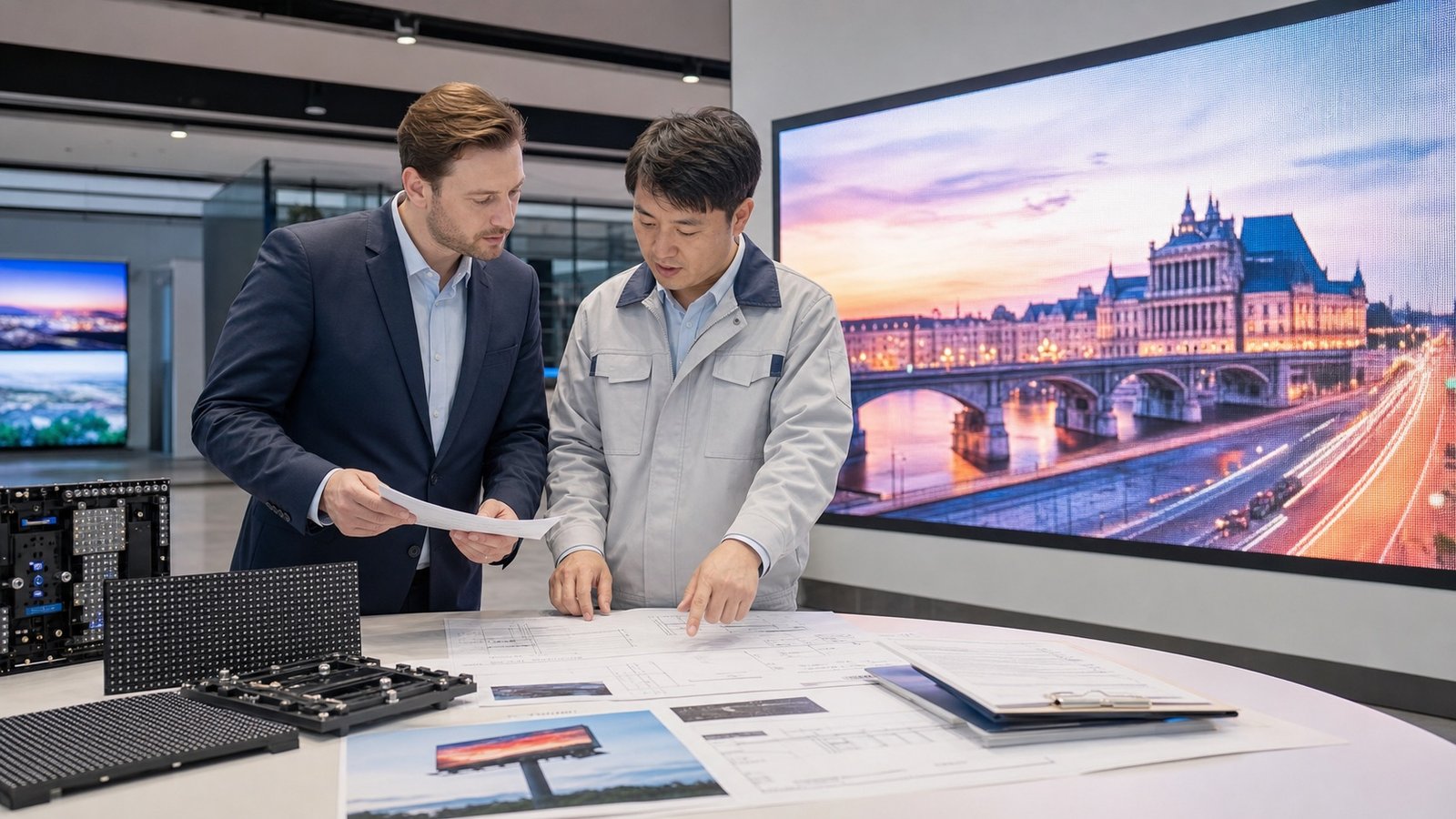 Outdoor LED display supplier discussion with overseas buyer reviewing billboard project drawings