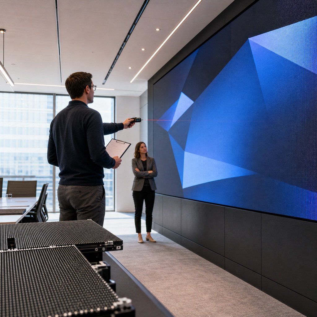 Business team presenting in front of a large conference room LED wall