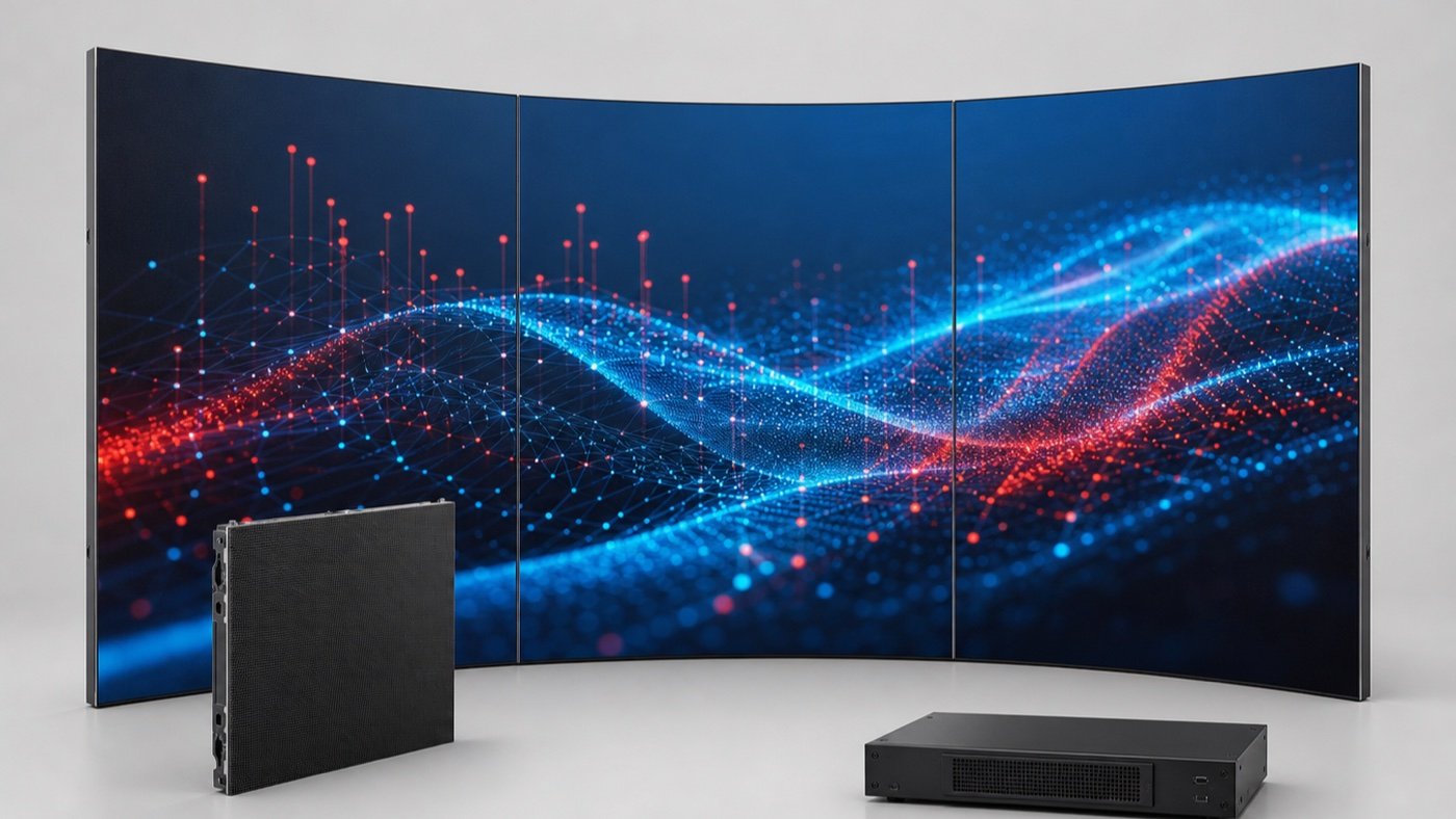 Curved LED display cabinet layout showing a segmented custom screen surface