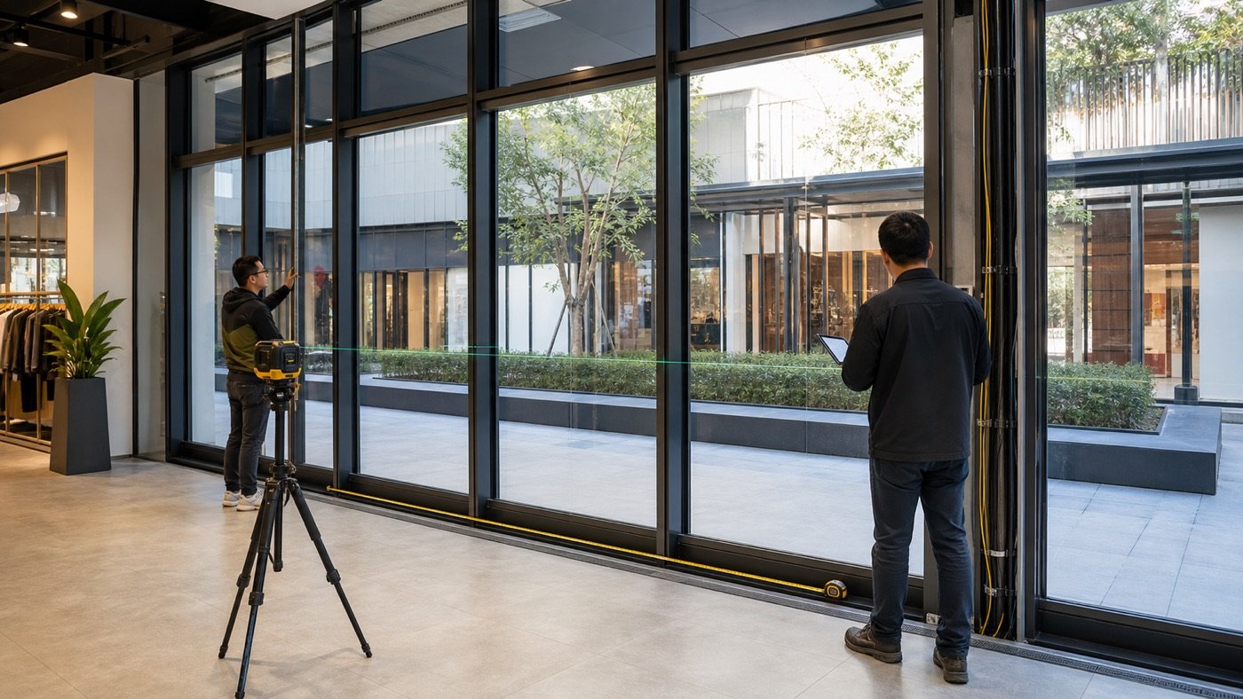 Technicians measuring a glass storefront for a transparent LED screen site survey