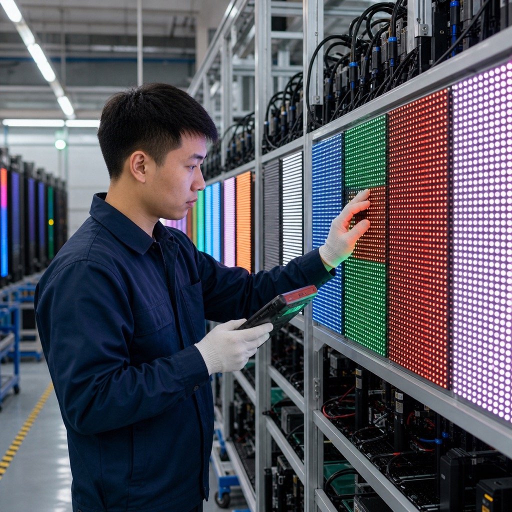 Technician checking LED display modules during factory aging test before shipment
