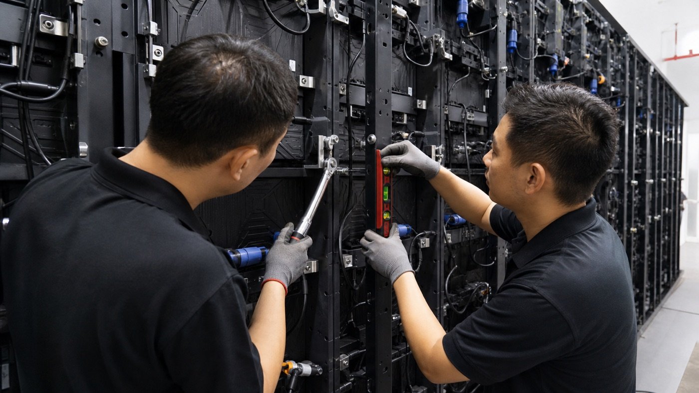 Technicians adjusting an LED display cabinet joint from the rear service area