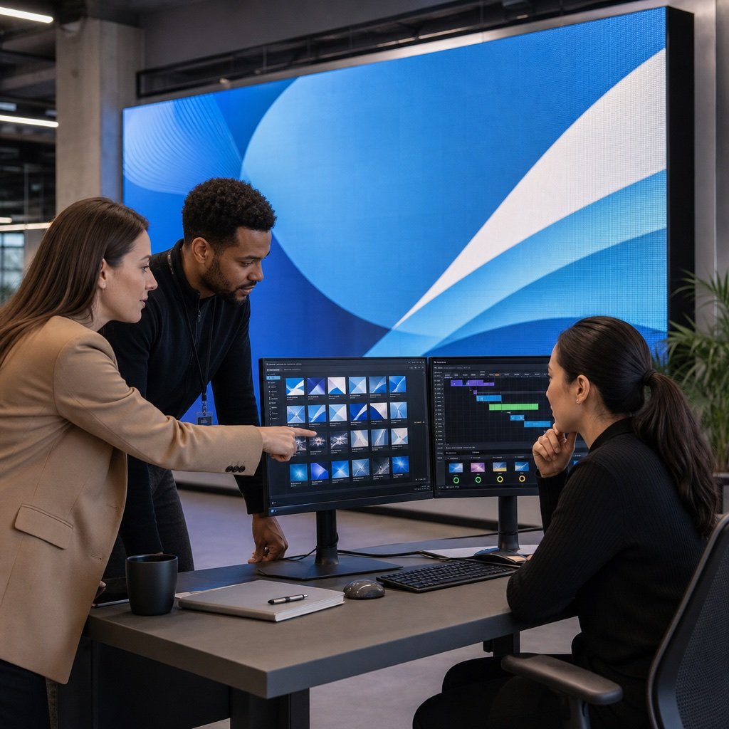 Operators reviewing LED display content and device status on a management workstation