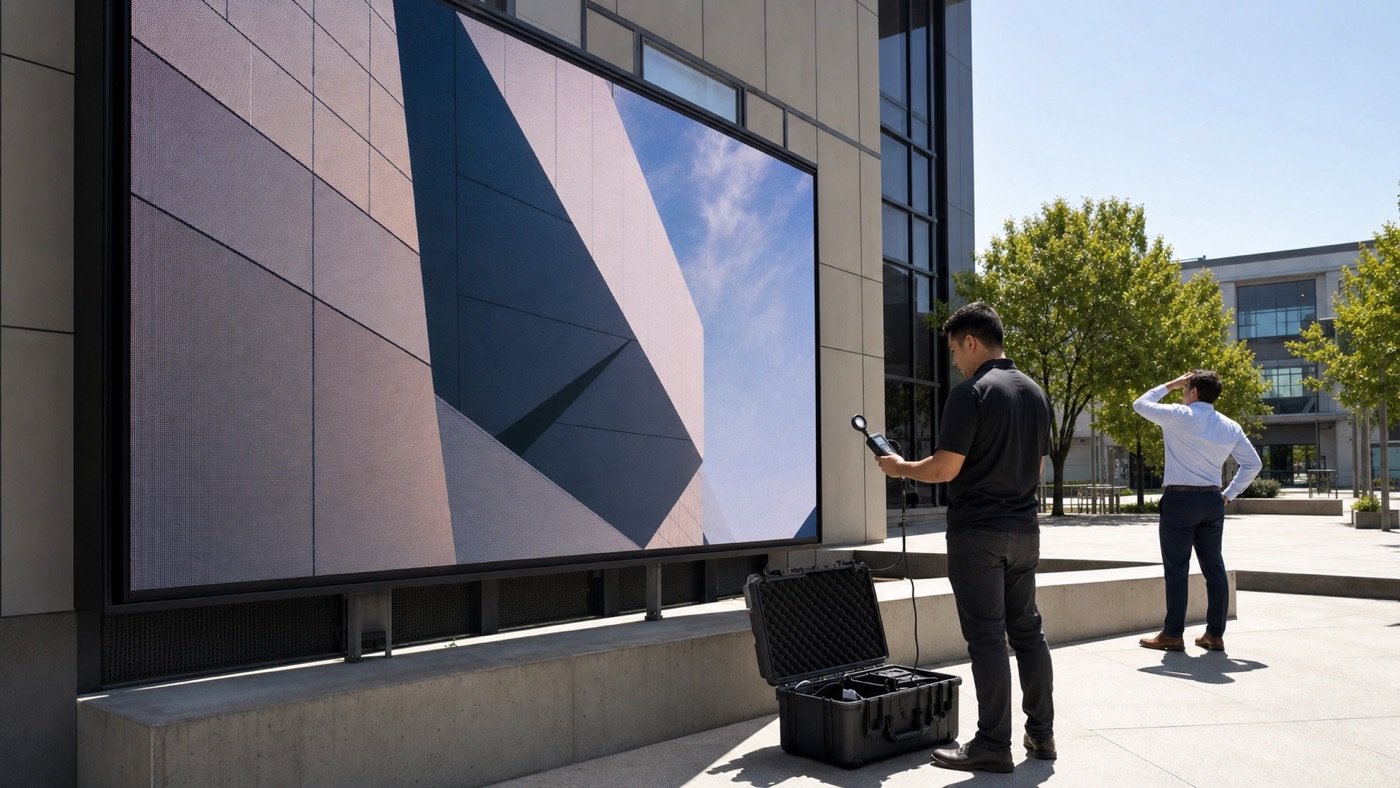 Technician measuring an outdoor LED display during a daylight brightness test