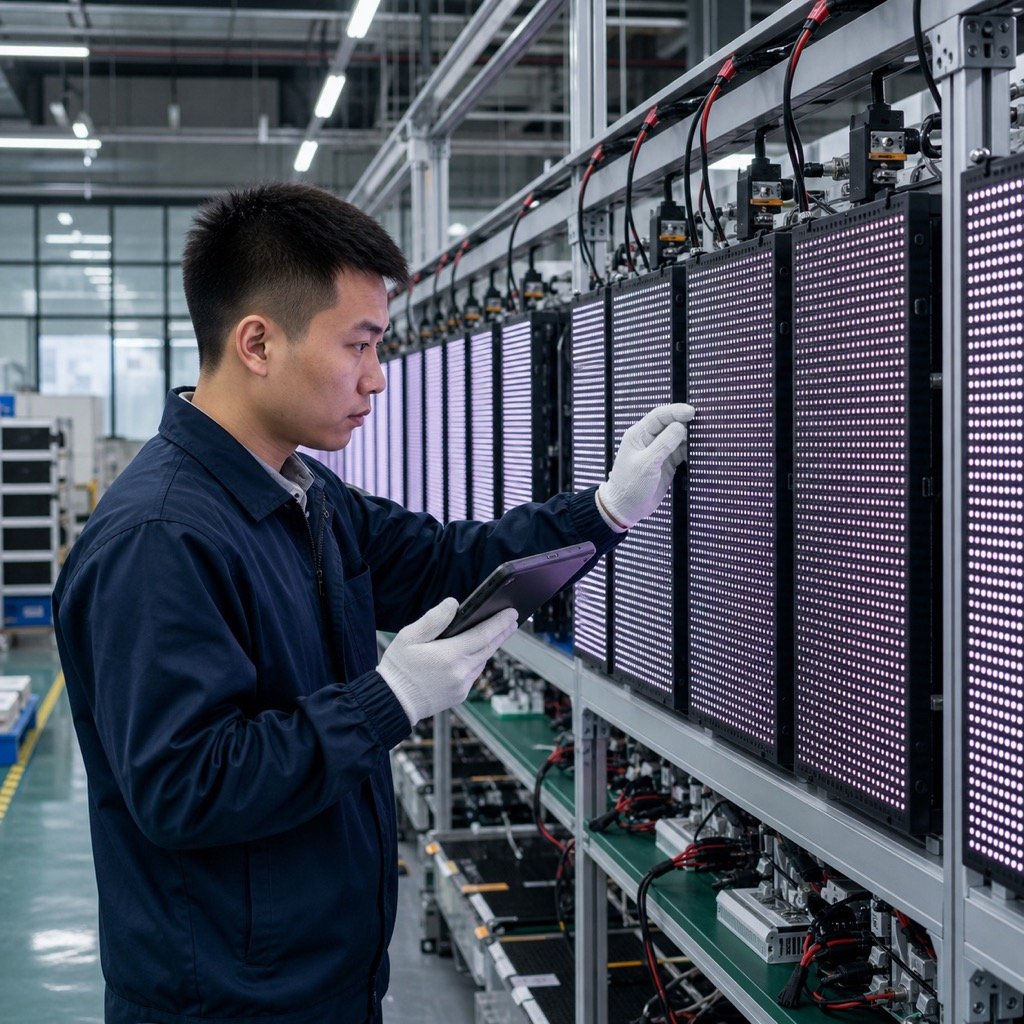 LED display modules under factory aging test and quality inspection before shipment