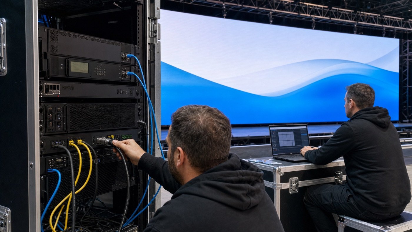 Technicians testing an LED display backup signal path during a venue rehearsal