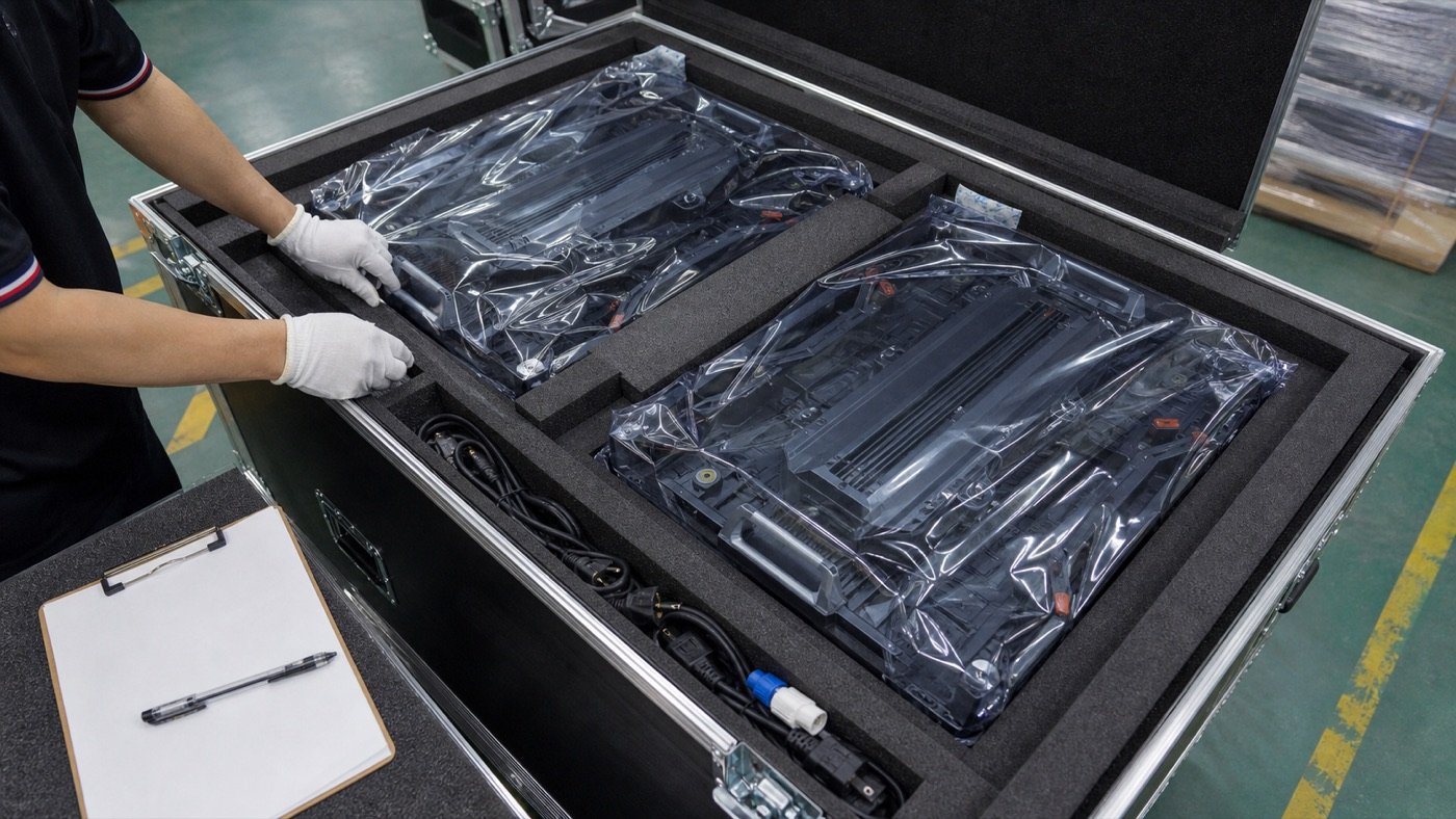 LED display cabinets protected by fitted foam inside a flight case