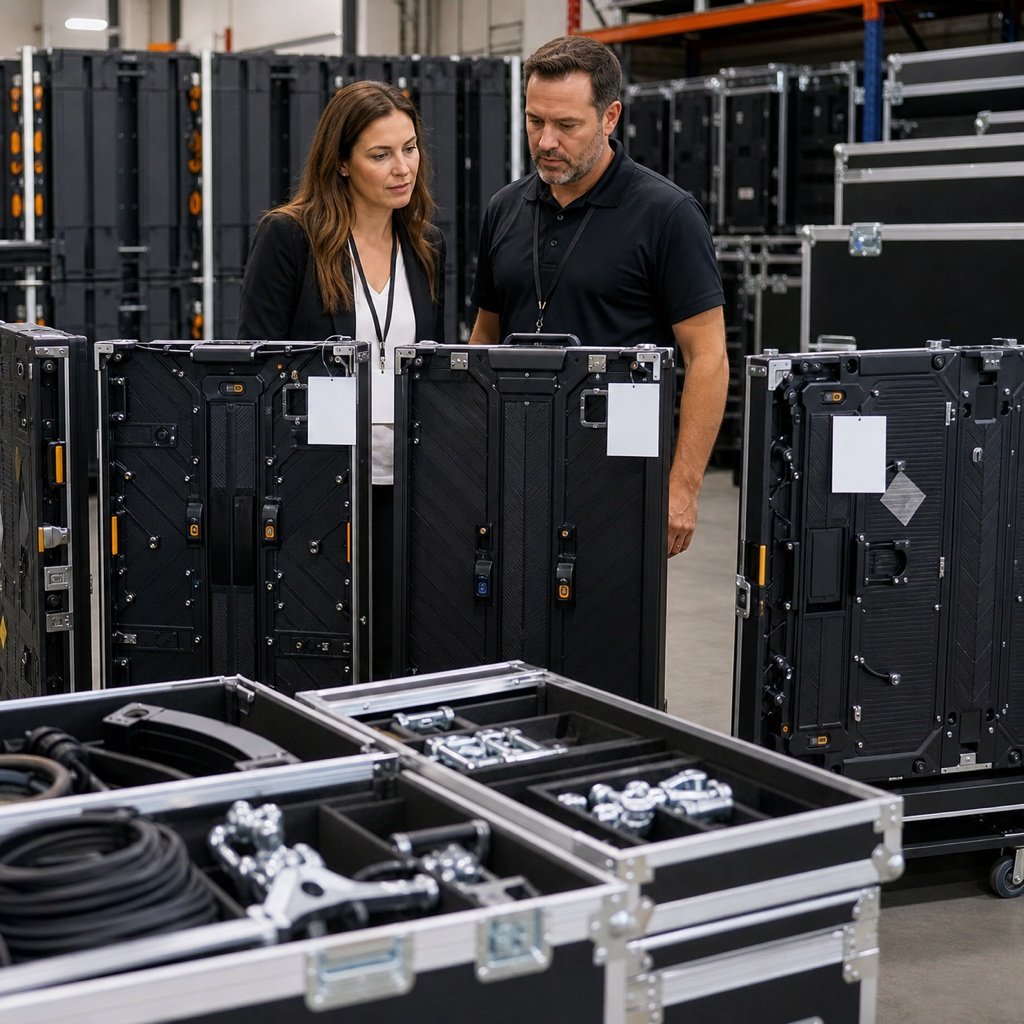 Rental LED cabinets and protective flight cases being checked by a project team