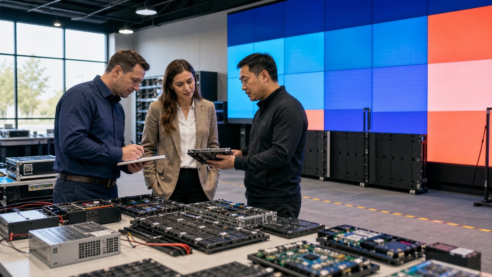 B2B buyers reviewing LED display maintenance parts with an engineer