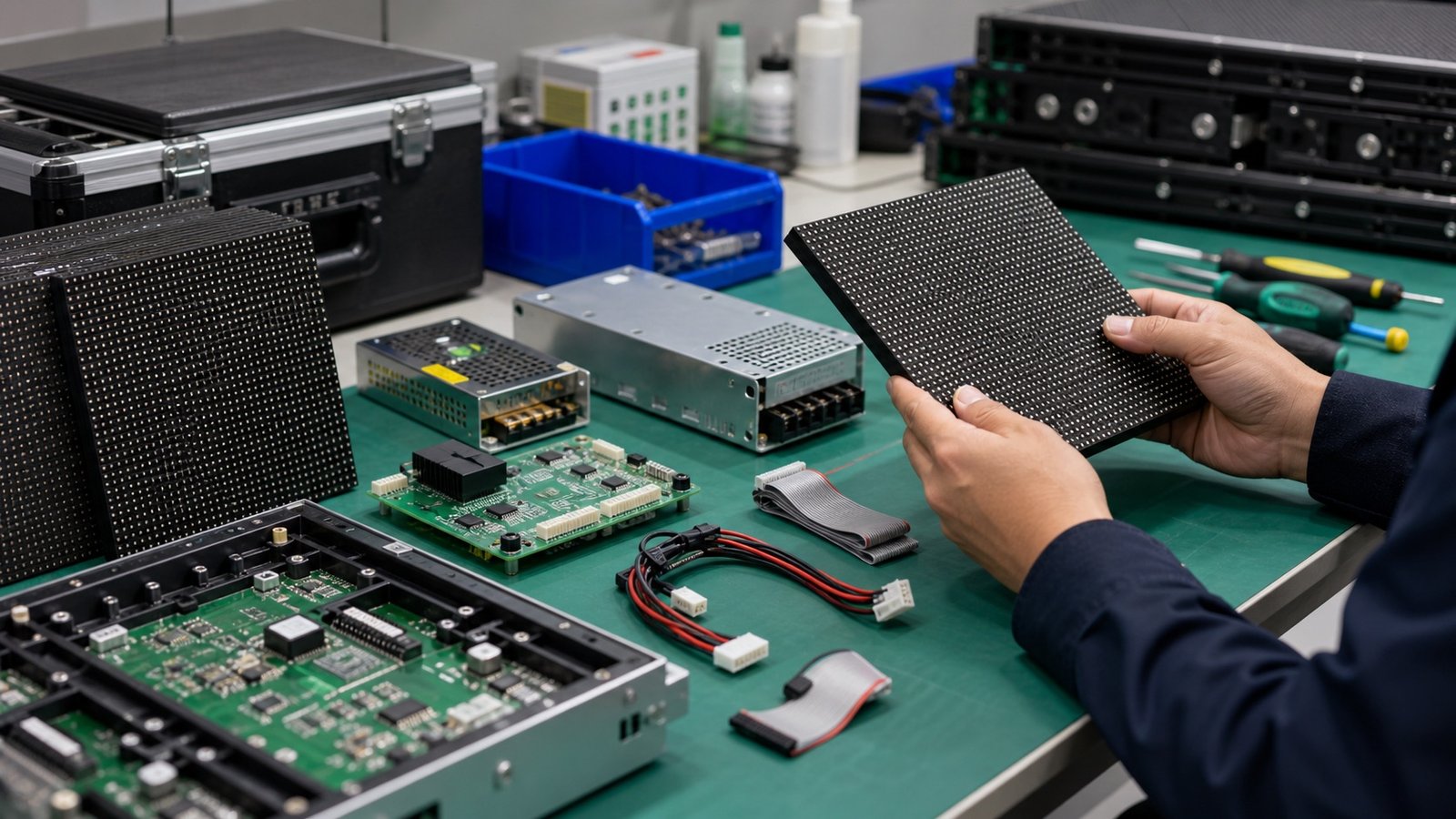 LED display spare modules power supplies and receiving cards on a maintenance bench