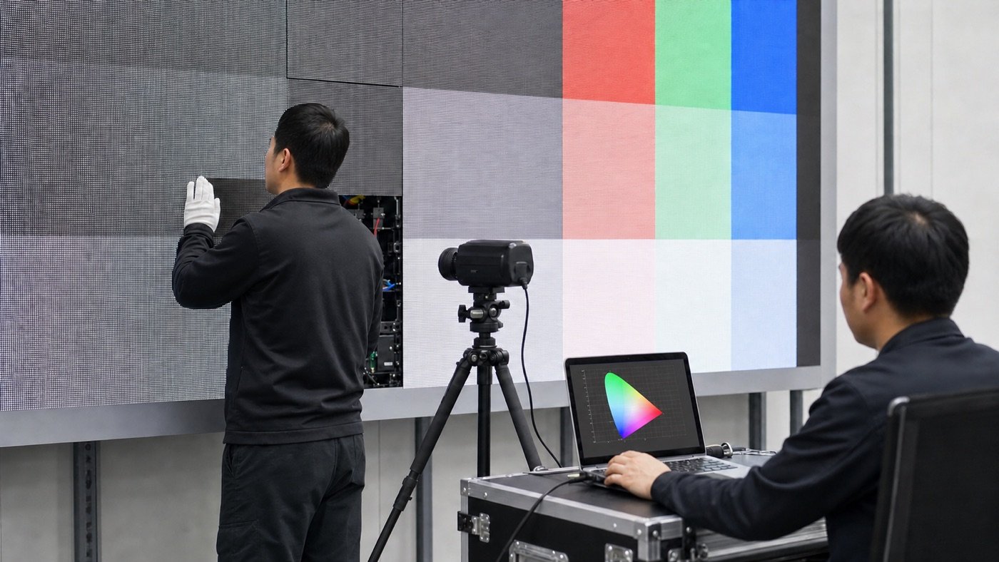 Technicians checking color matching after replacing an LED display module