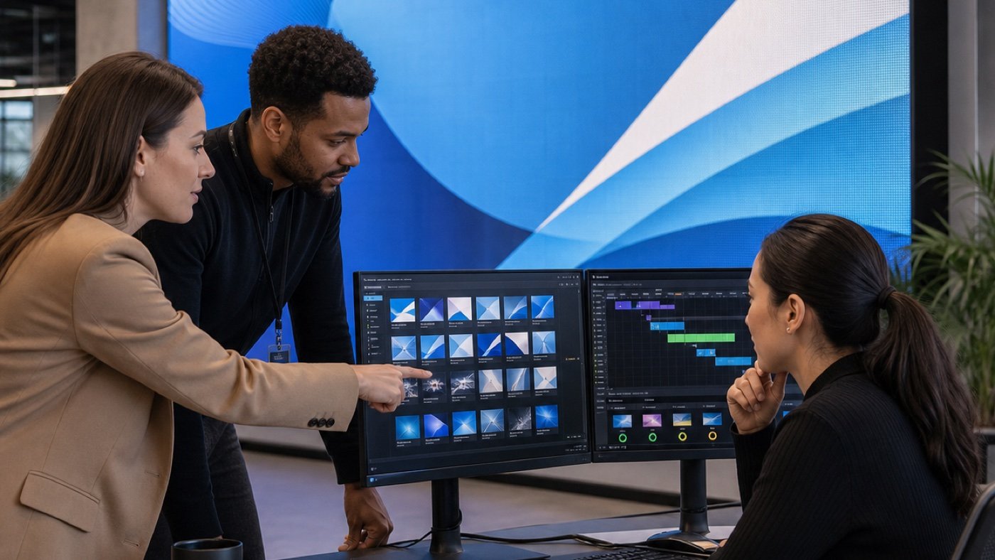 Technician reviewing LED display cabinet status and alerts from a secure monitoring workstation