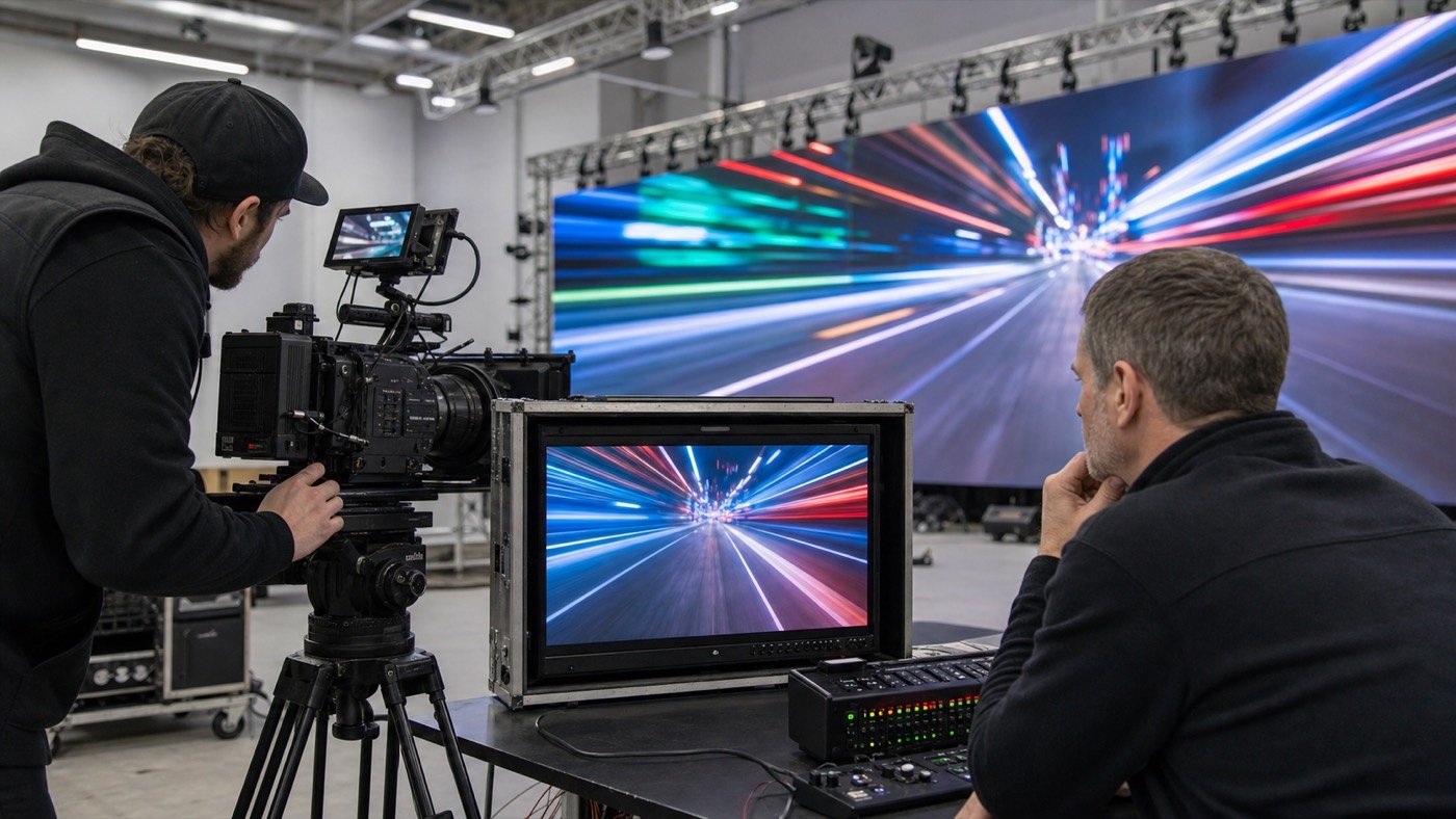 Camera operator and LED engineer checking a display on a reference monitor