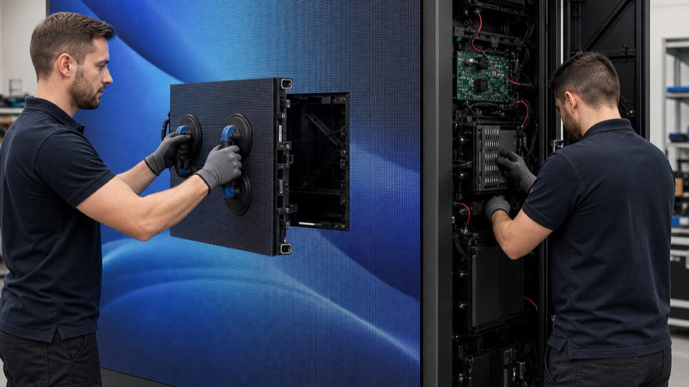 Technicians servicing LED display modules and rear power components