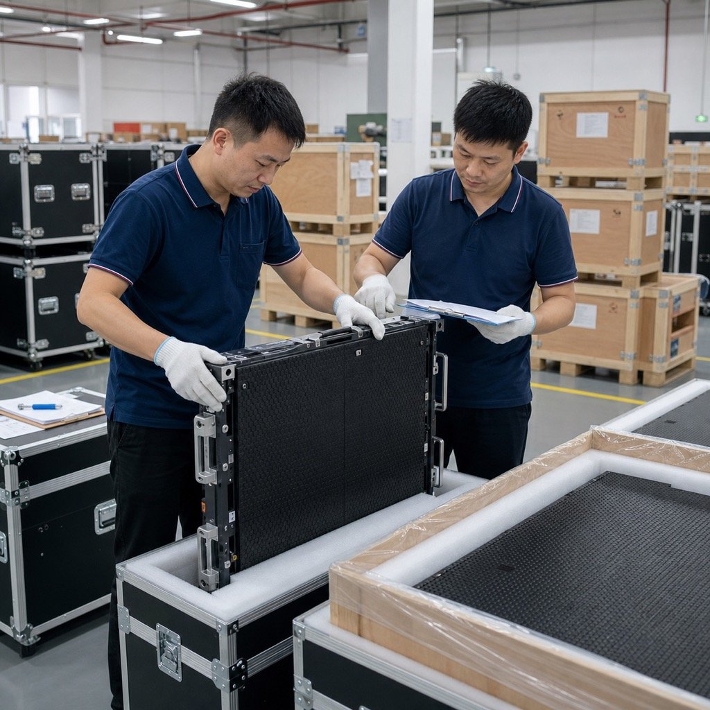 Workers checking LED display cabinets and export packing before overseas shipment