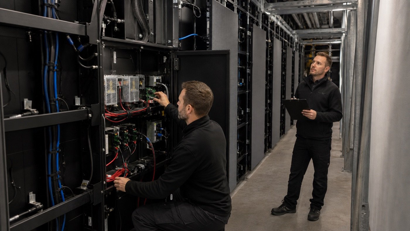 Technician inspecting power and signal connections behind a rear-service LED display