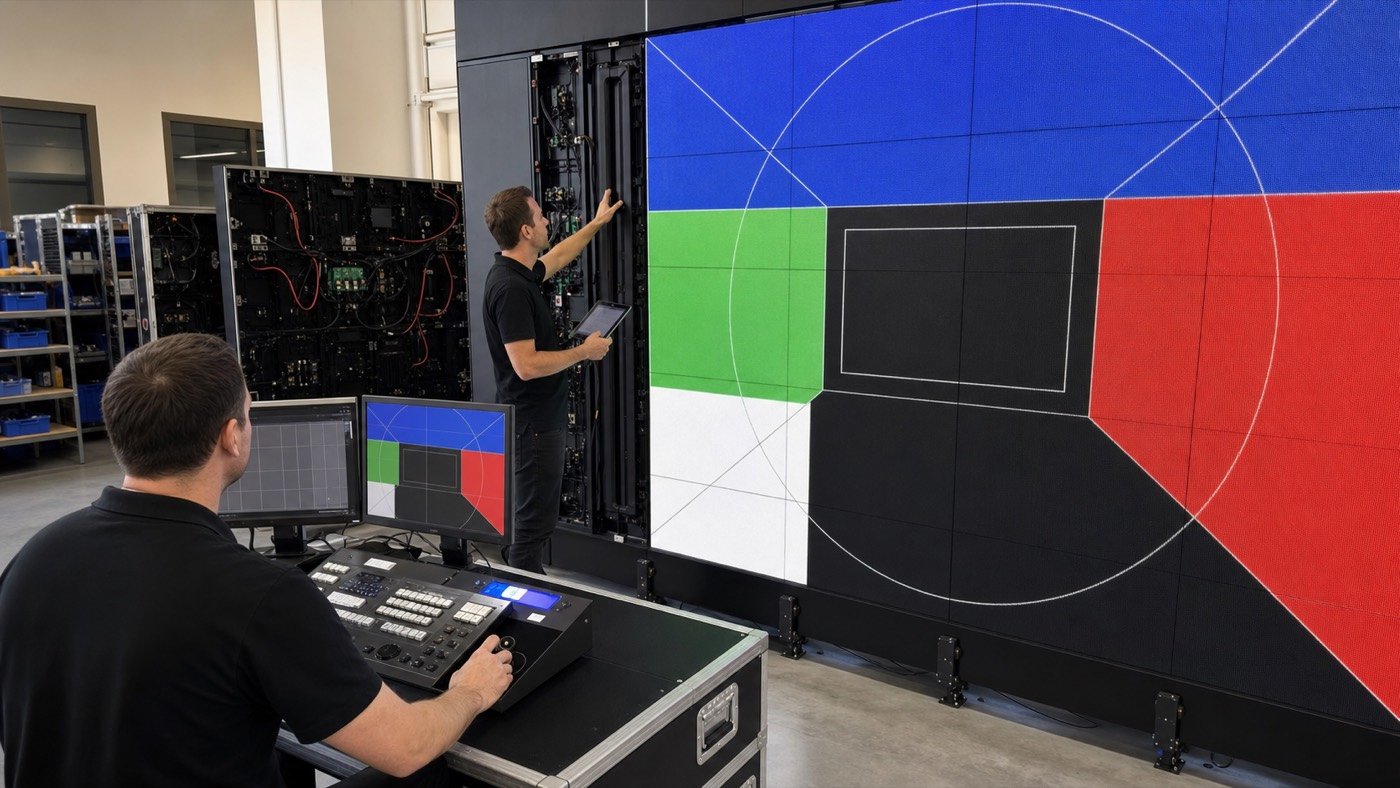 Engineers checking LED display resolution mapping with a geometric test pattern