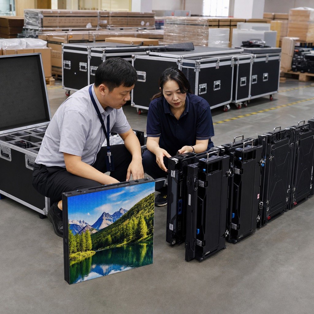 LED display sample compared with bulk production cabinets and flight cases