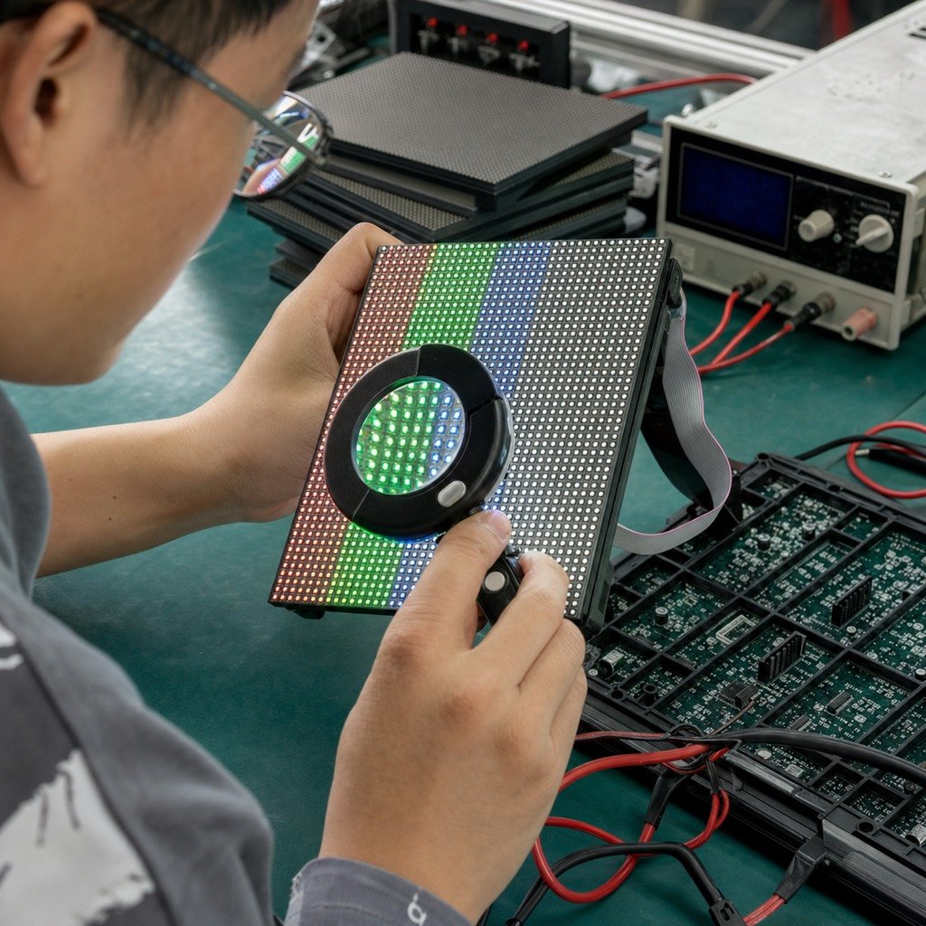 Technician testing an LED display sample module for pixels and color uniformity