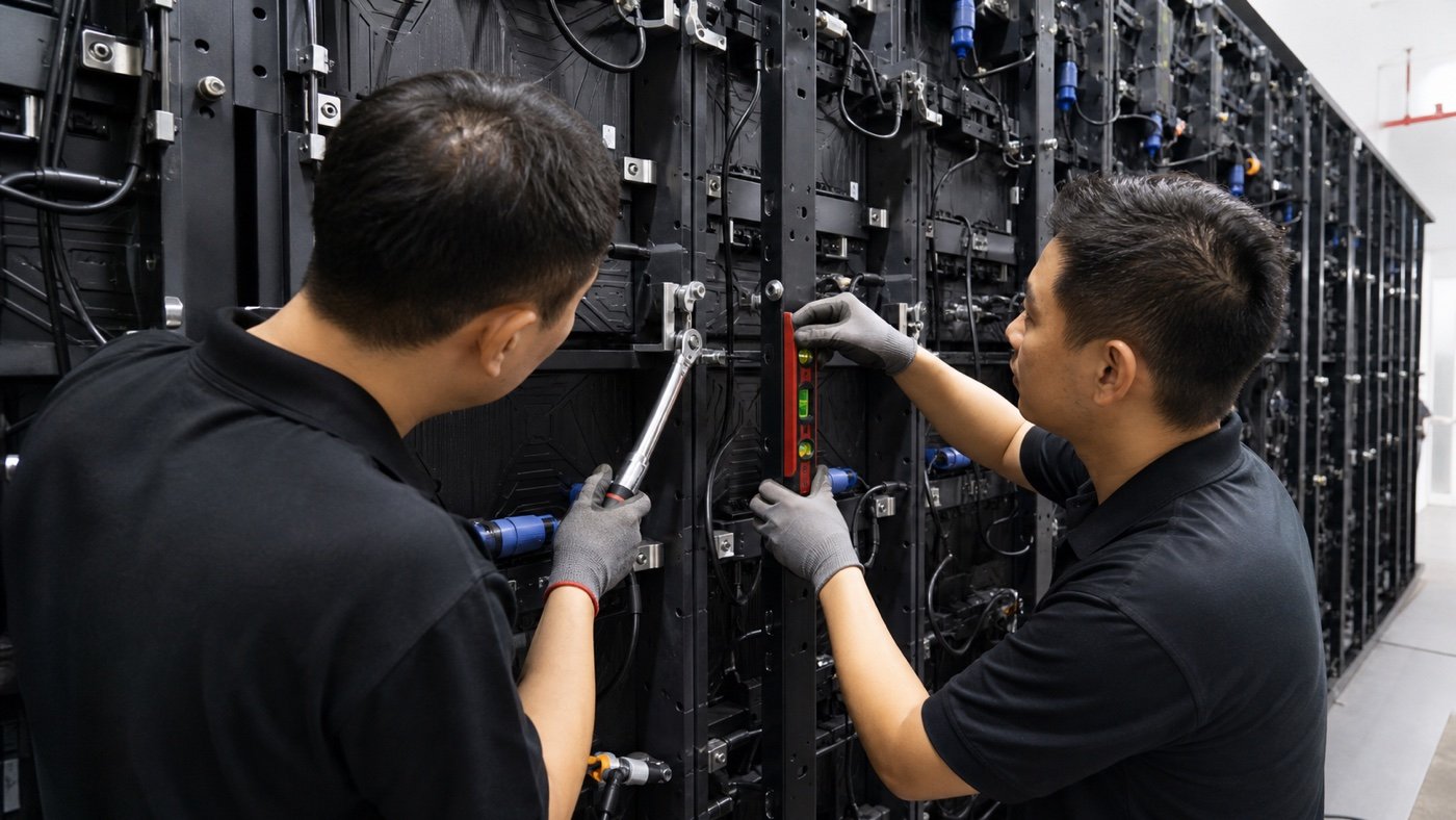 Facility team practicing LED display module replacement during maintenance training