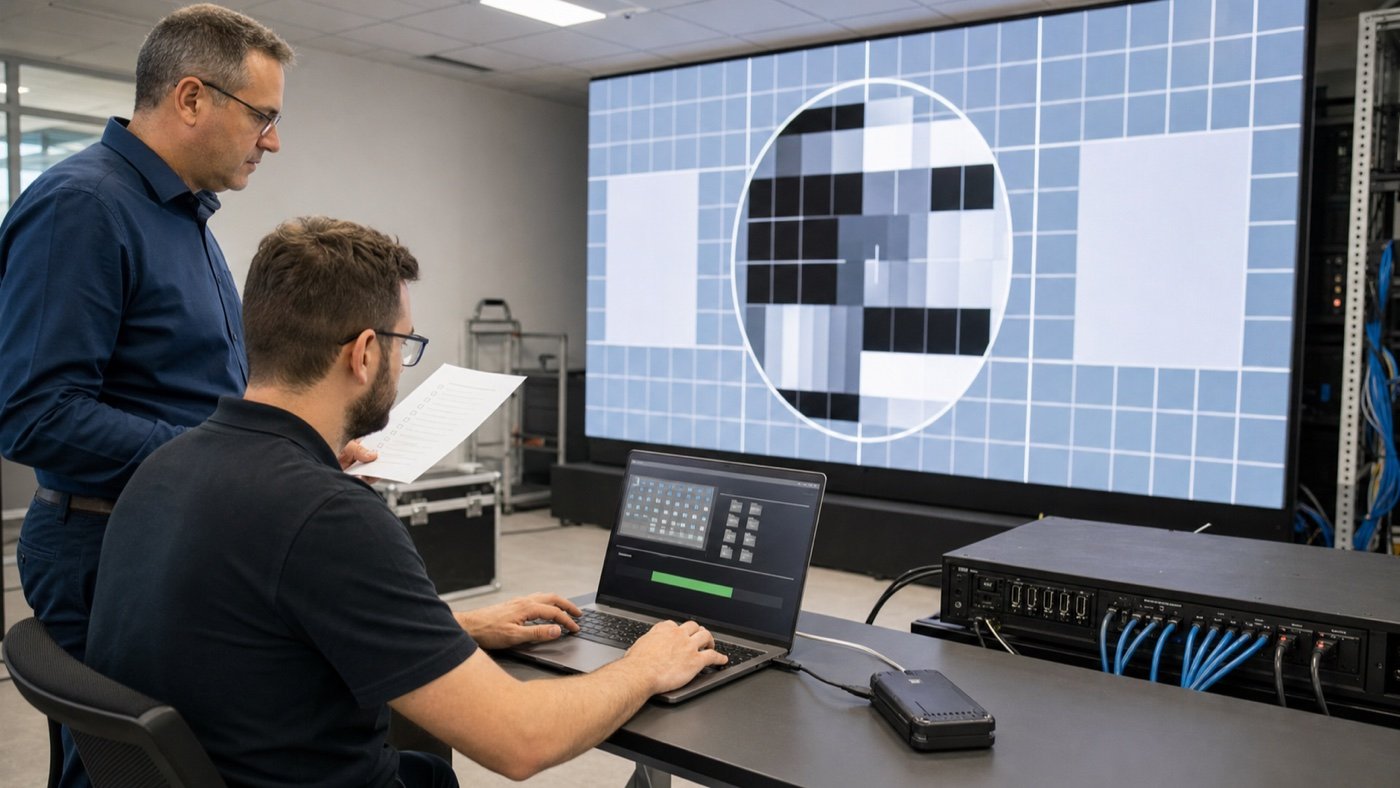 Technician exporting LED display settings to a laptop during project handover
