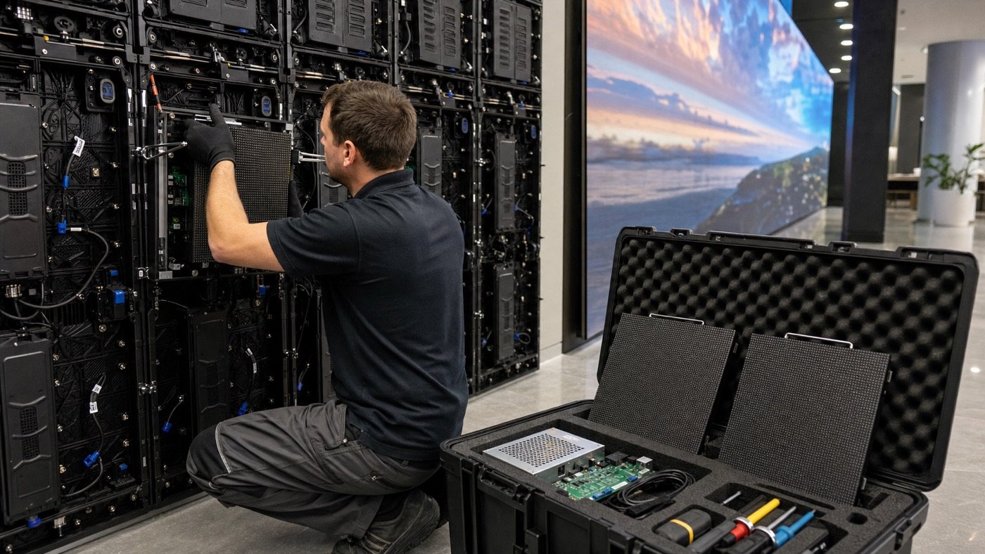 Technician replacing an LED display module with a matching spare-parts kit nearby