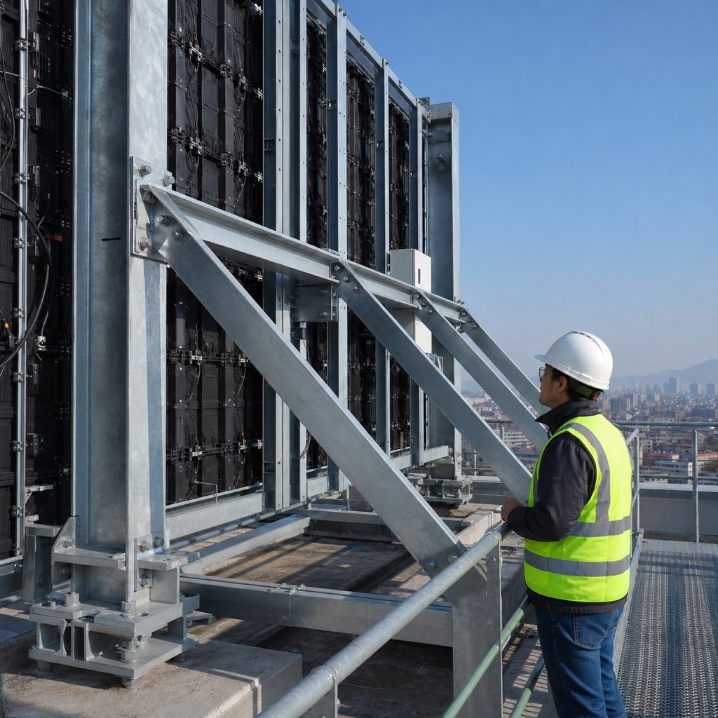 Outdoor LED display rear structure being inspected by a technician