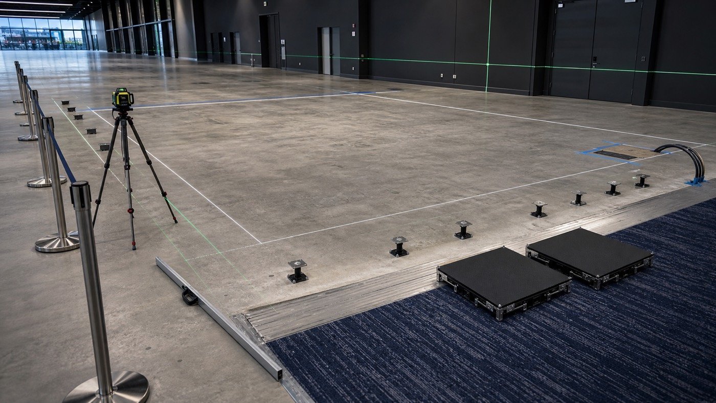 LED floor display site readiness survey with laser level, cable access, supports and sample cabinets