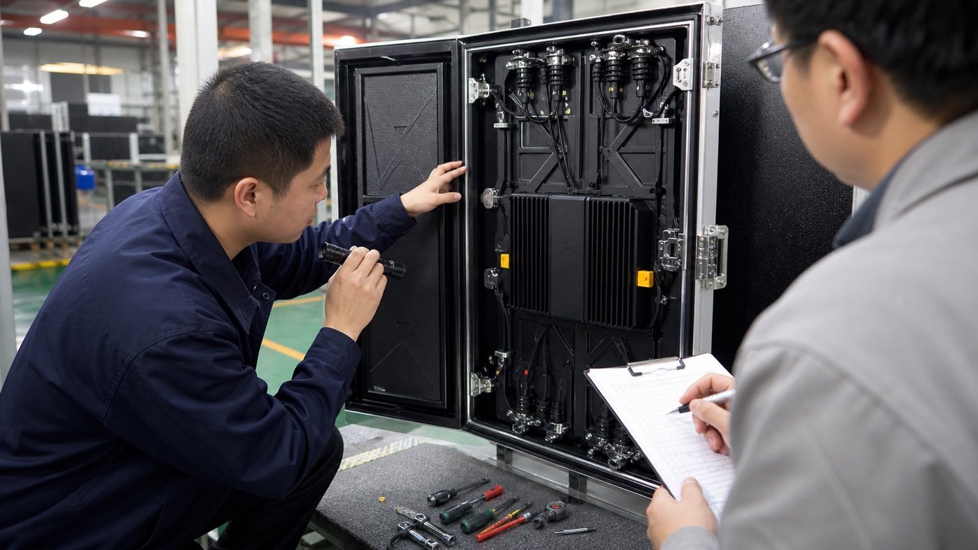 Technician inspecting LED display cabinet seals, connectors, and drainage details