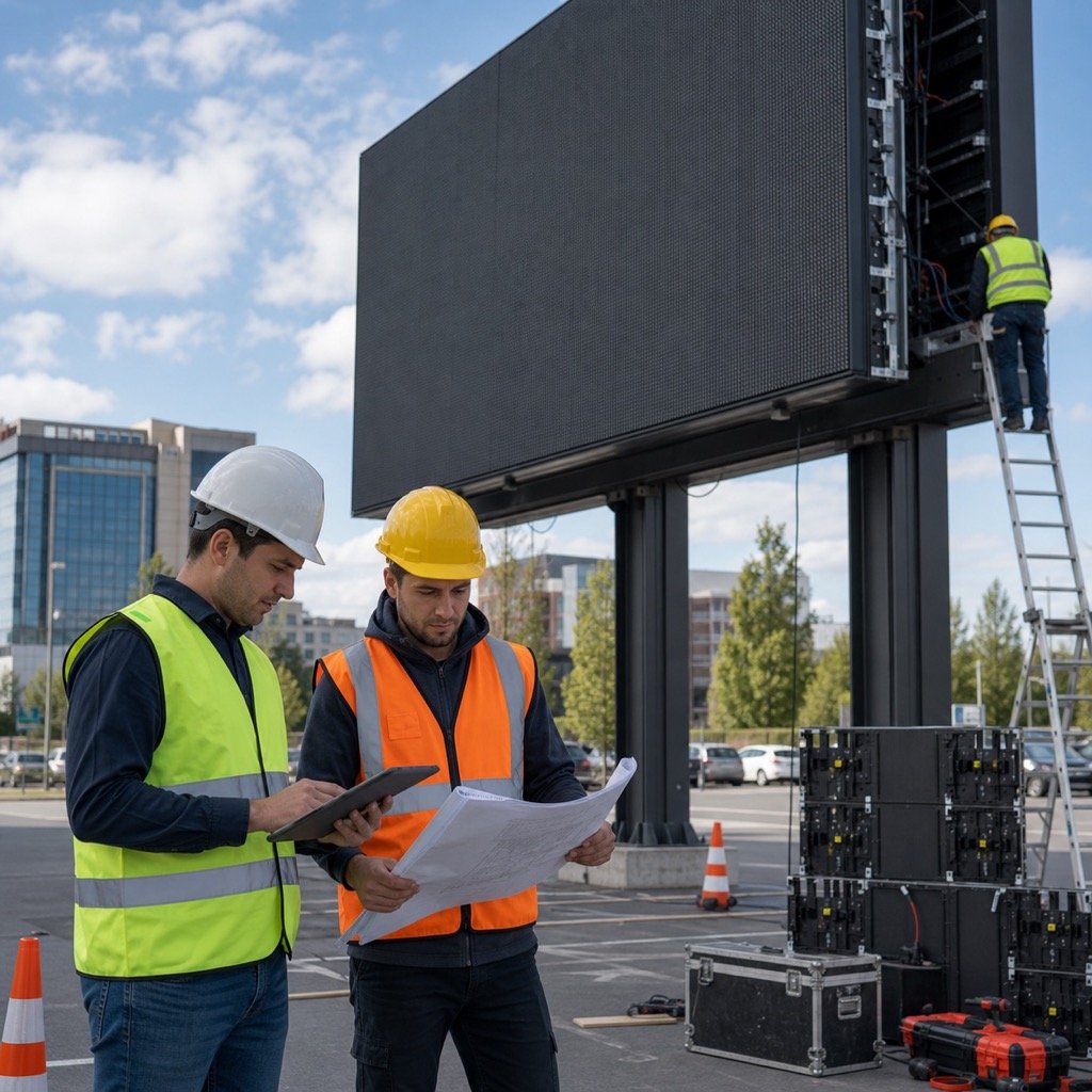 Outdoor LED display installation planning with engineers checking structure and site drawings