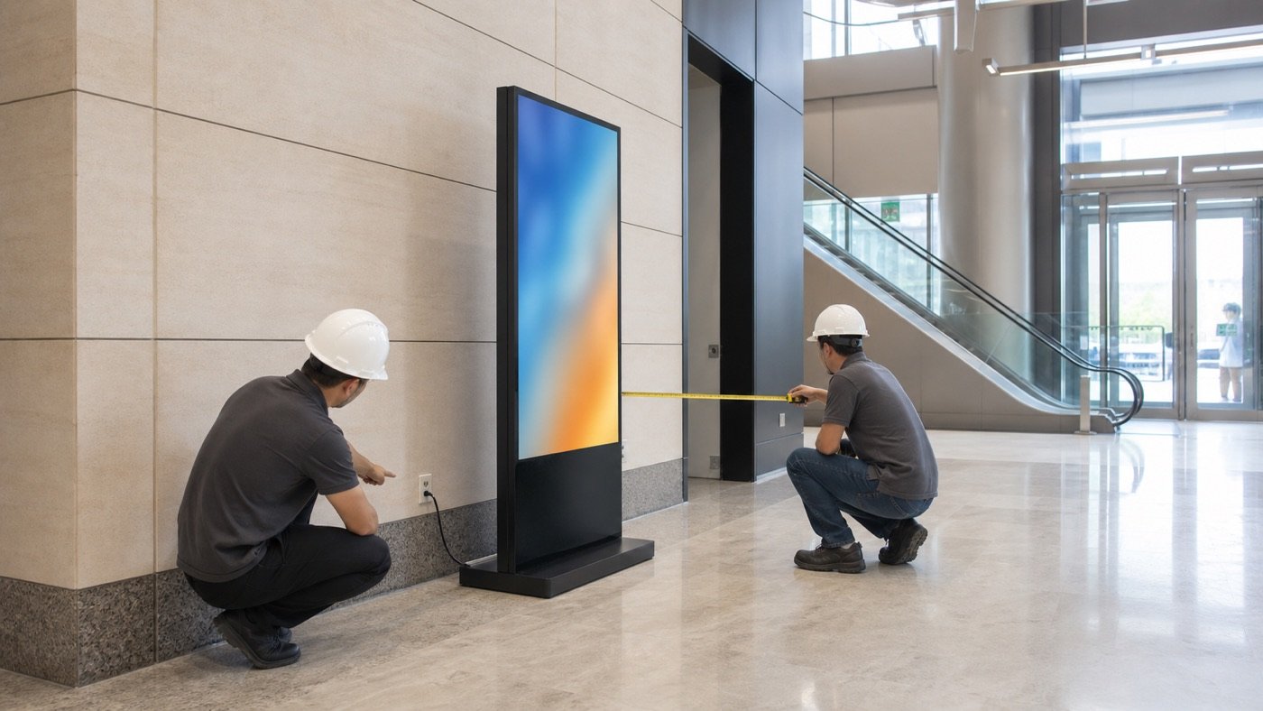 Two site professionals measuring wall clearance and checking power access for a freestanding LED poster display