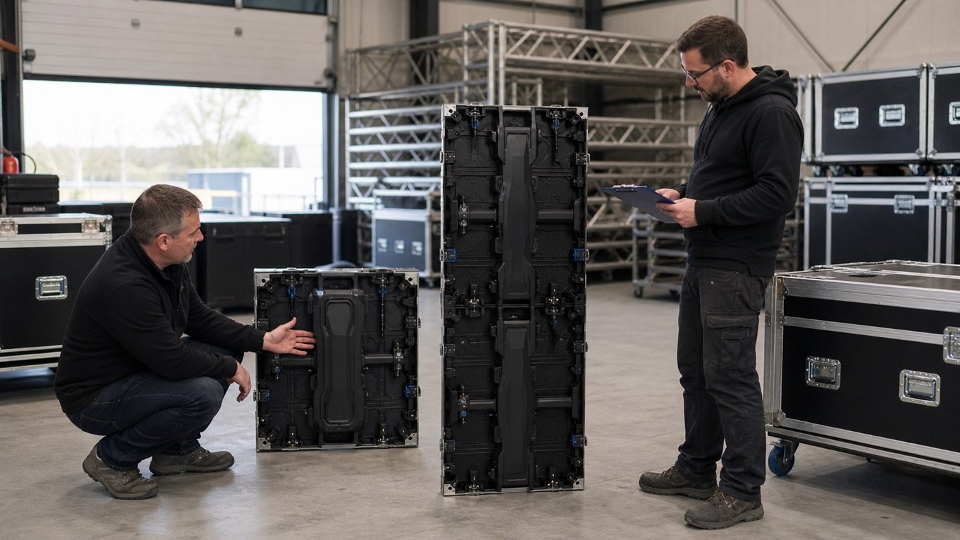 Technicians comparing 500x500 and 500x1000 rental LED cabinet formats before packing