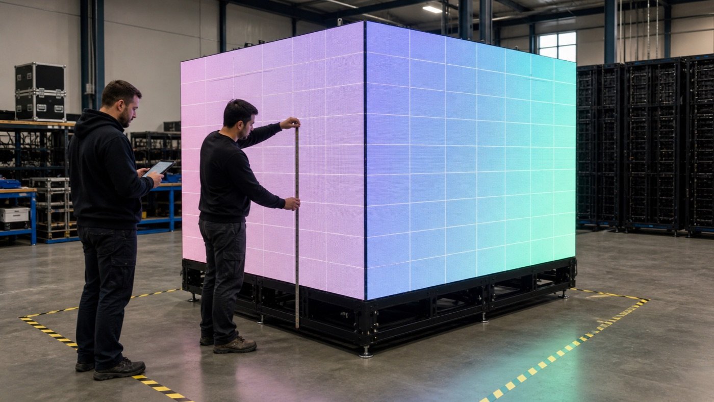 Cube LED display acceptance test showing technicians inspecting corner alignment