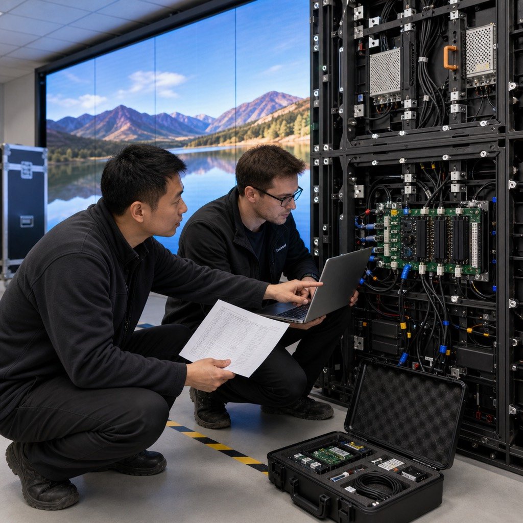 Technicians checking LED display firmware versions and configuration records during system handover