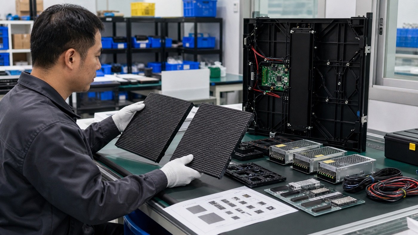 Technician comparing LED display modules and spare electronic components with an open cabinet