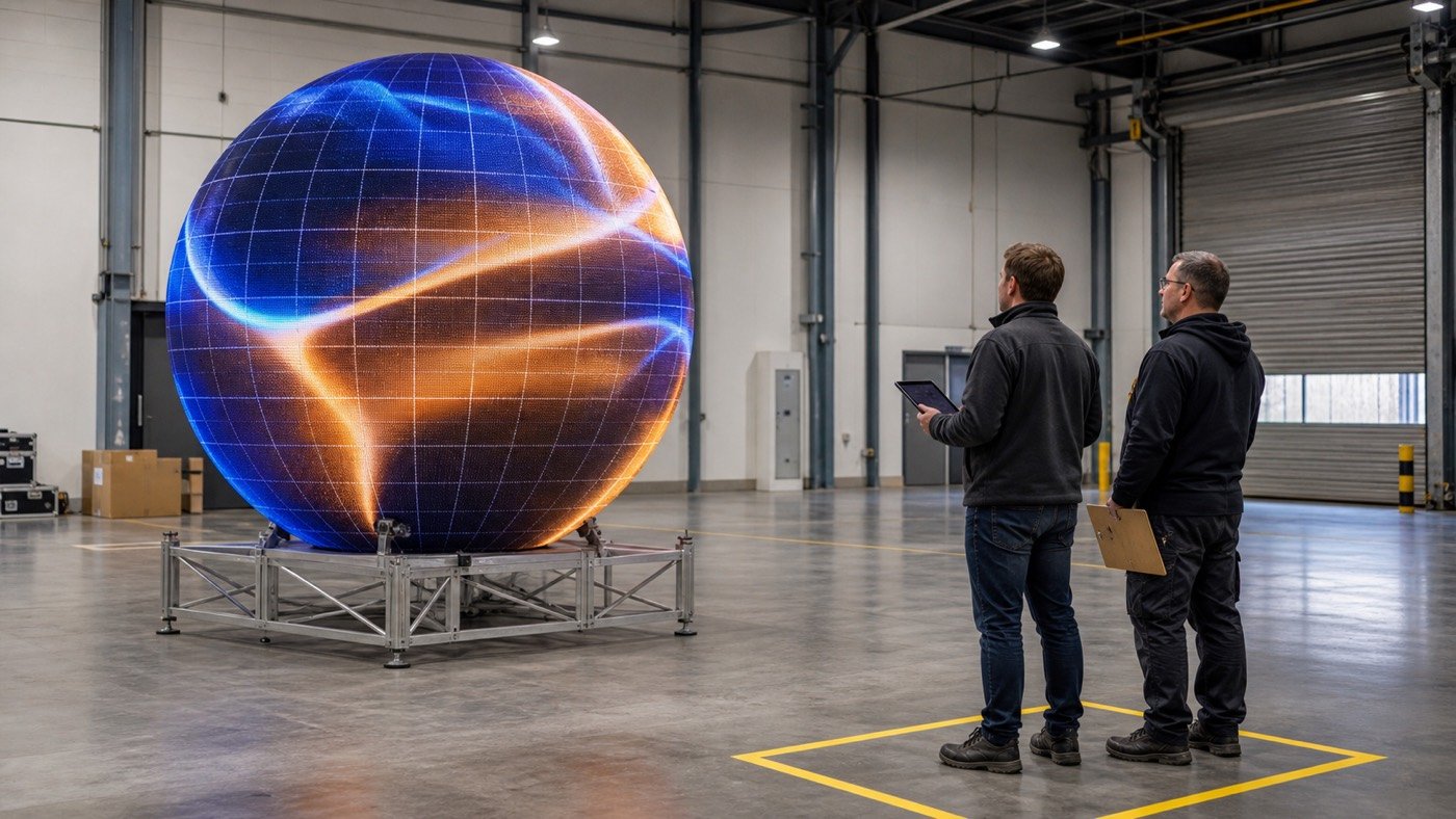 Technicians reviewing sphere LED display content mapping from a marked viewing zone
