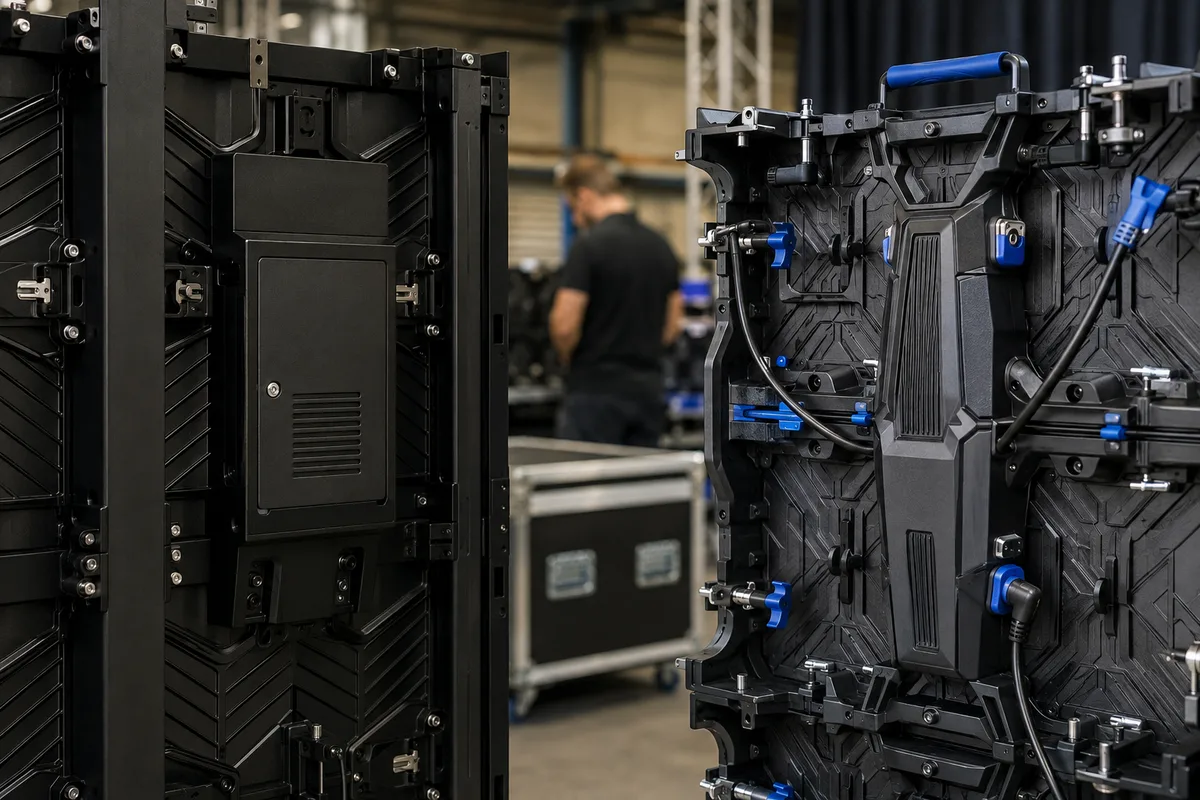 Fixed-install and rental LED cabinet backs compared in an AV staging workshop