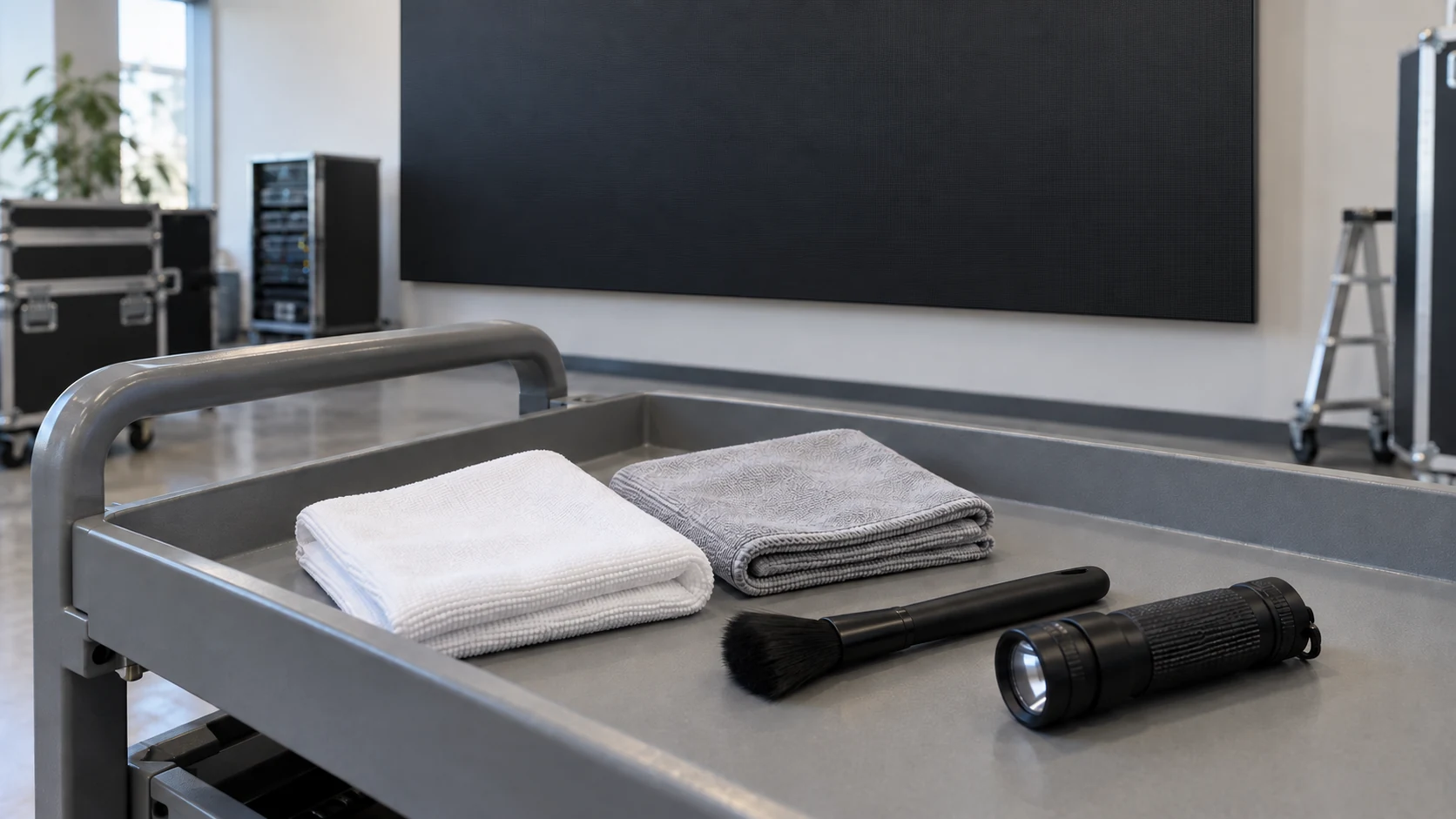 Microfiber cloths, a soft brush, and an inspection flashlight on a service tray