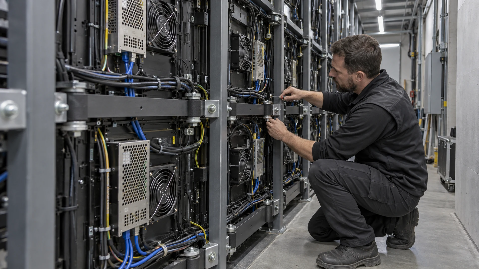 Technician checking cooling fans and mounting points behind an indoor LED display