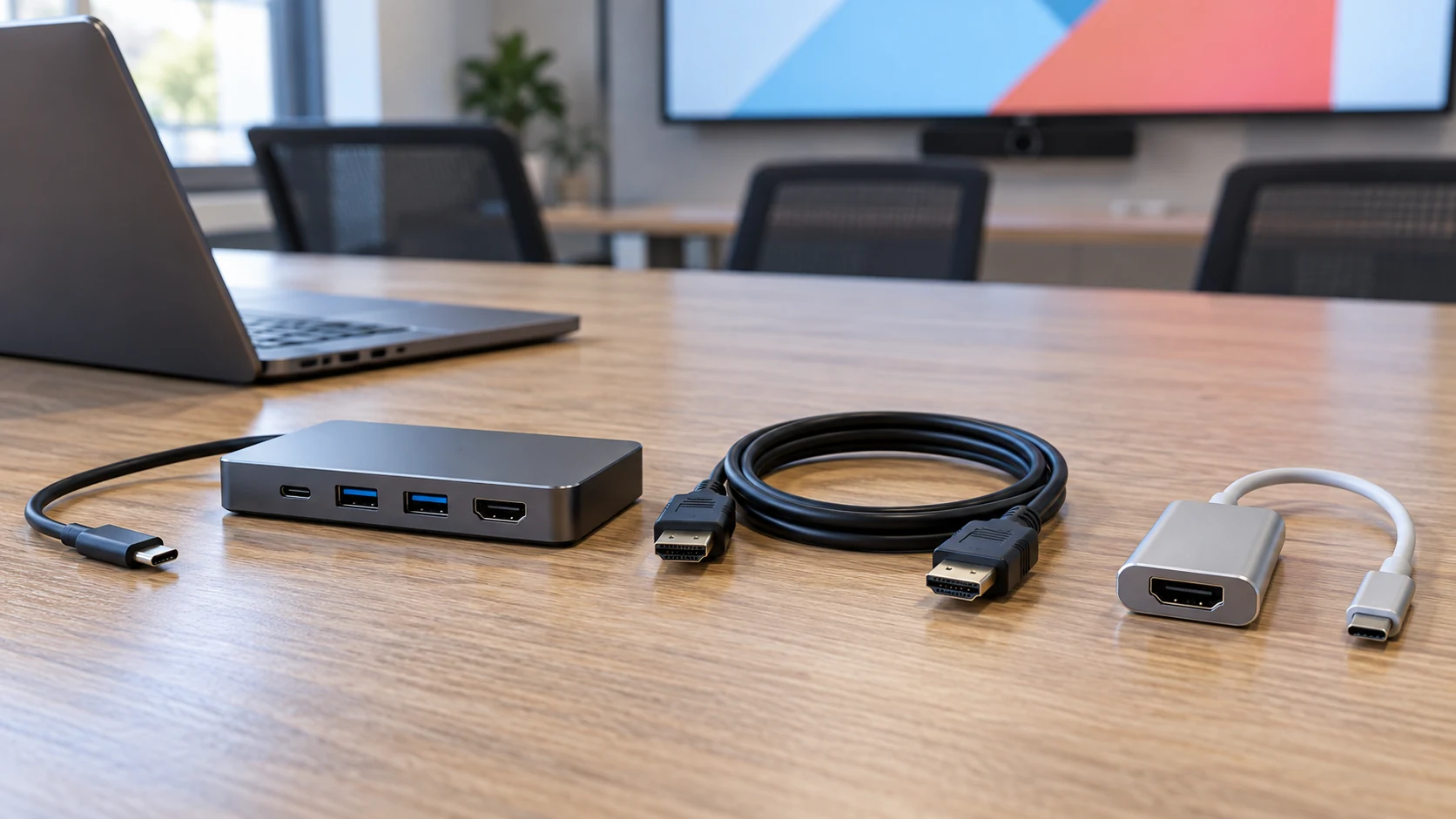 USB-C dock, HDMI cable, and USB-C video adapter arranged on a table for compatibility checks