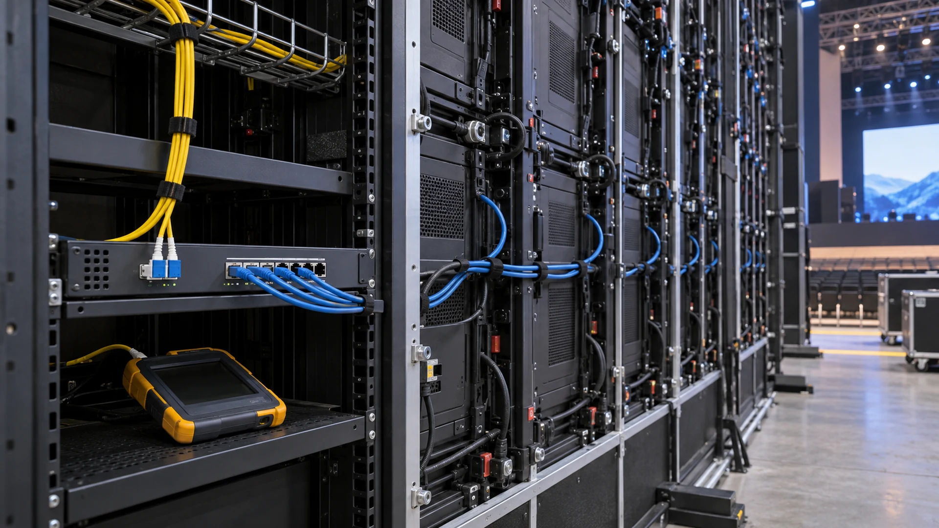 Fiber and copper signal cables at the rear of a modular LED video wall