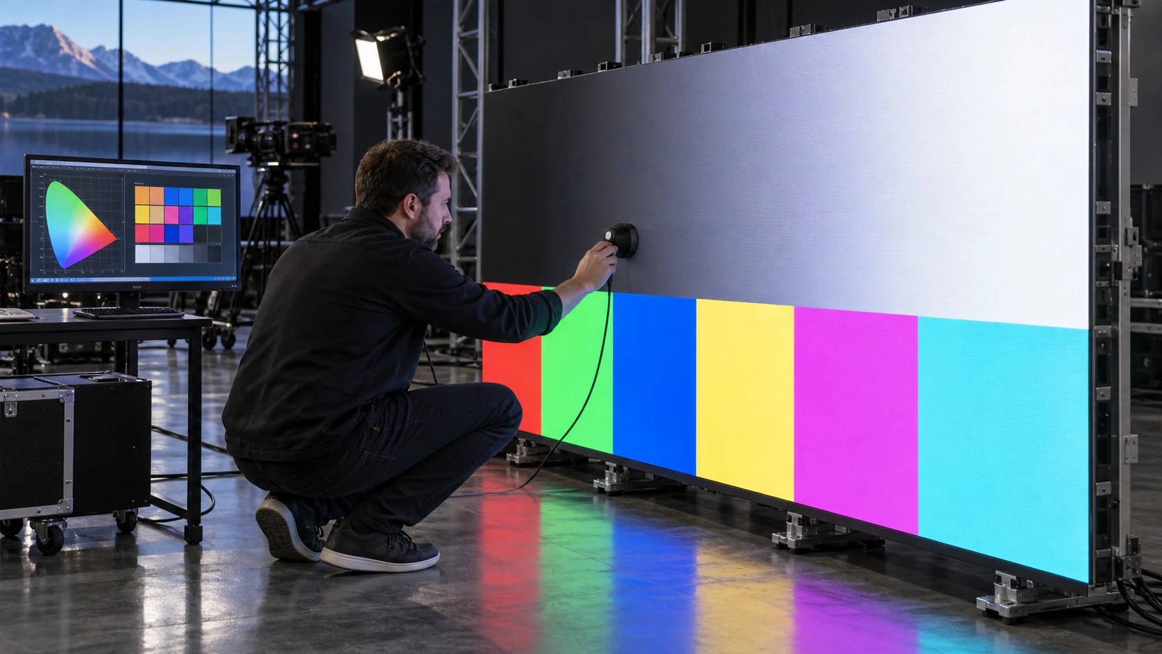 A technician checks an LED wall with a colorimeter during an HDR and wide-gamut test
