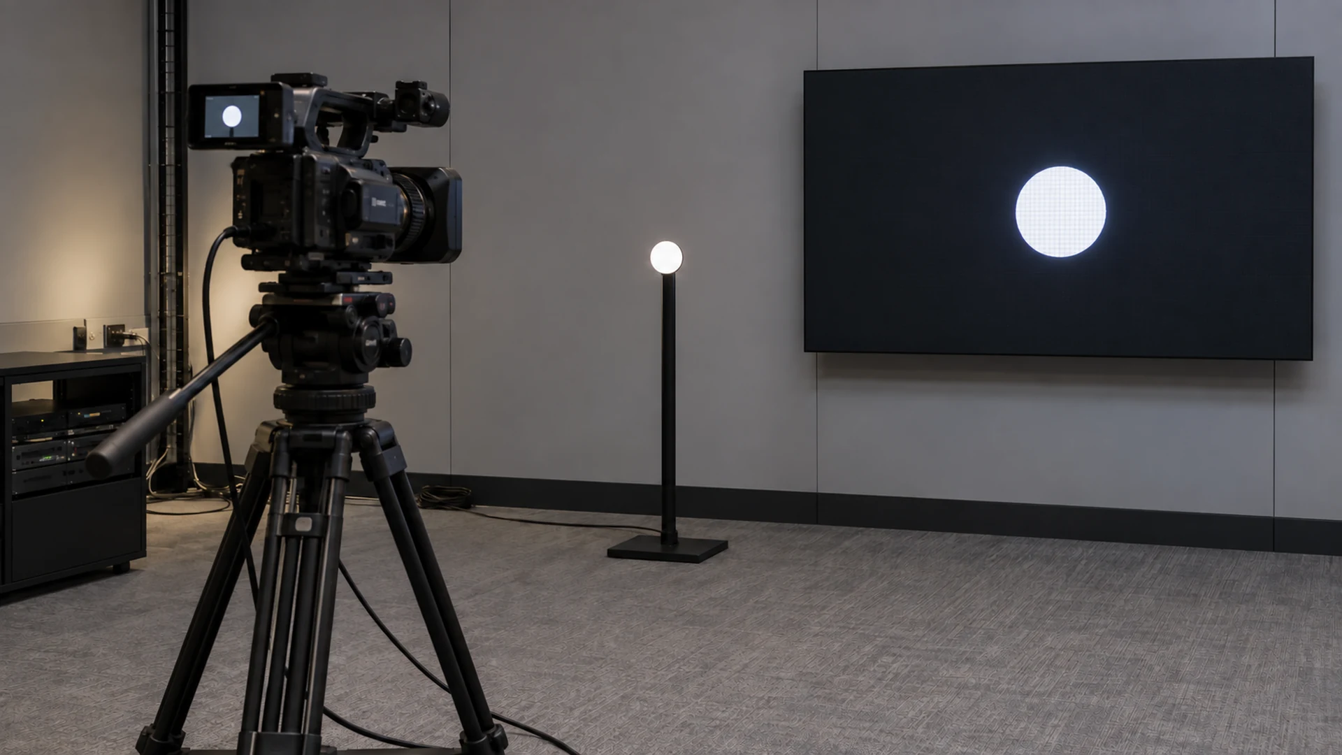 Video camera observing a physical light marker beside an LED display for a latency test