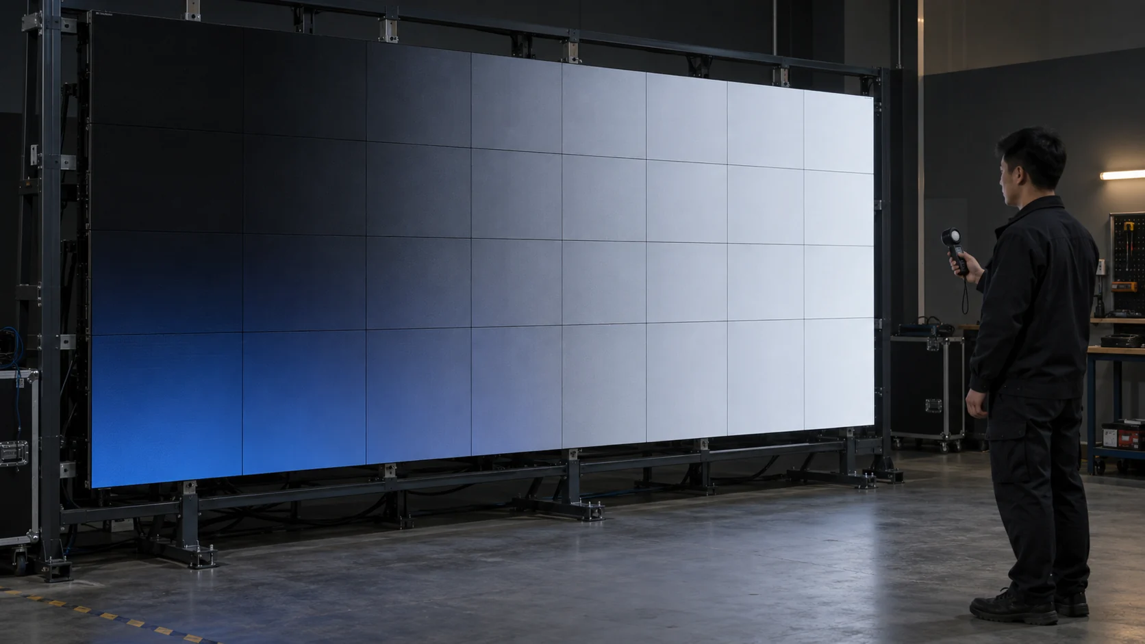 Technician inspecting a dim LED video wall showing smooth dark gradients in a controlled studio