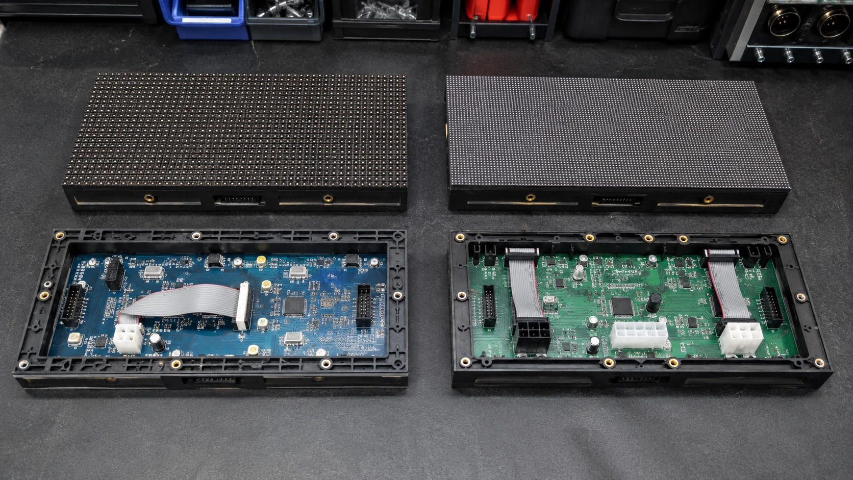 Front and rear views of LED modules with different circuit boards and connectors