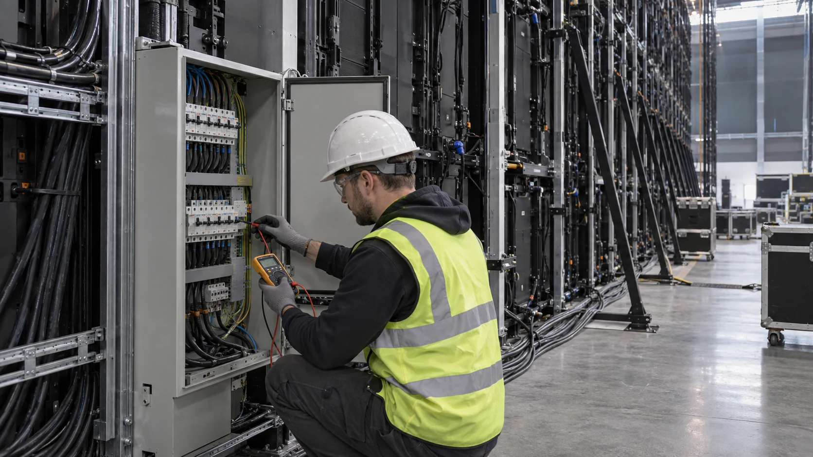 Electrician checking an LED display power distribution cabinet and branch cable routing