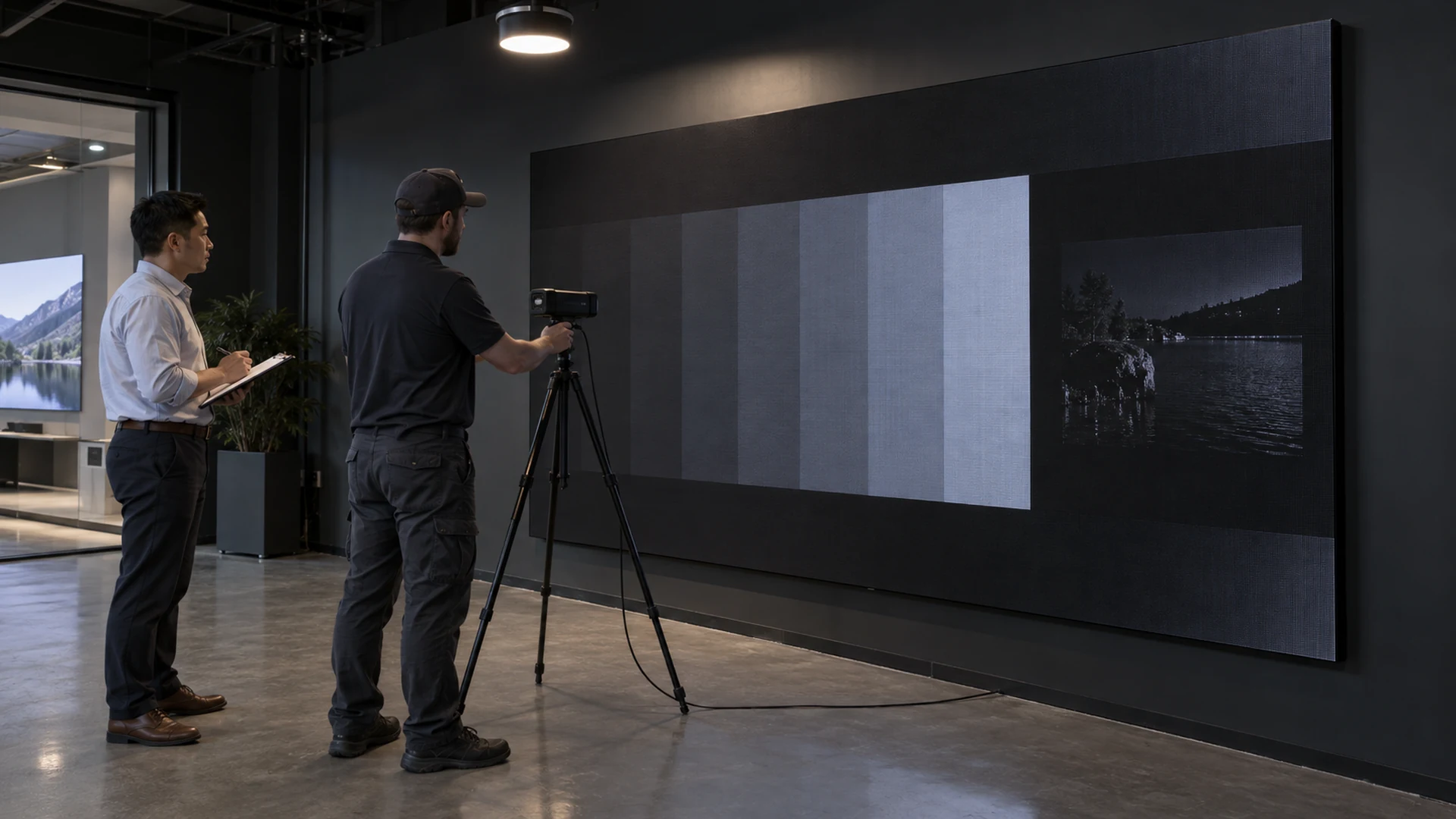 Buyer observing a tripod-mounted luminance meter during an LED display black-level test