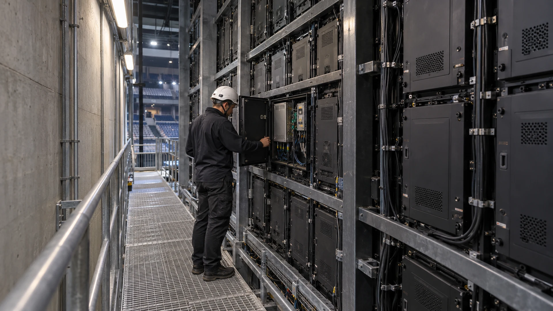 Technician opening a rear-service LED display cabinet from a maintenance corridor