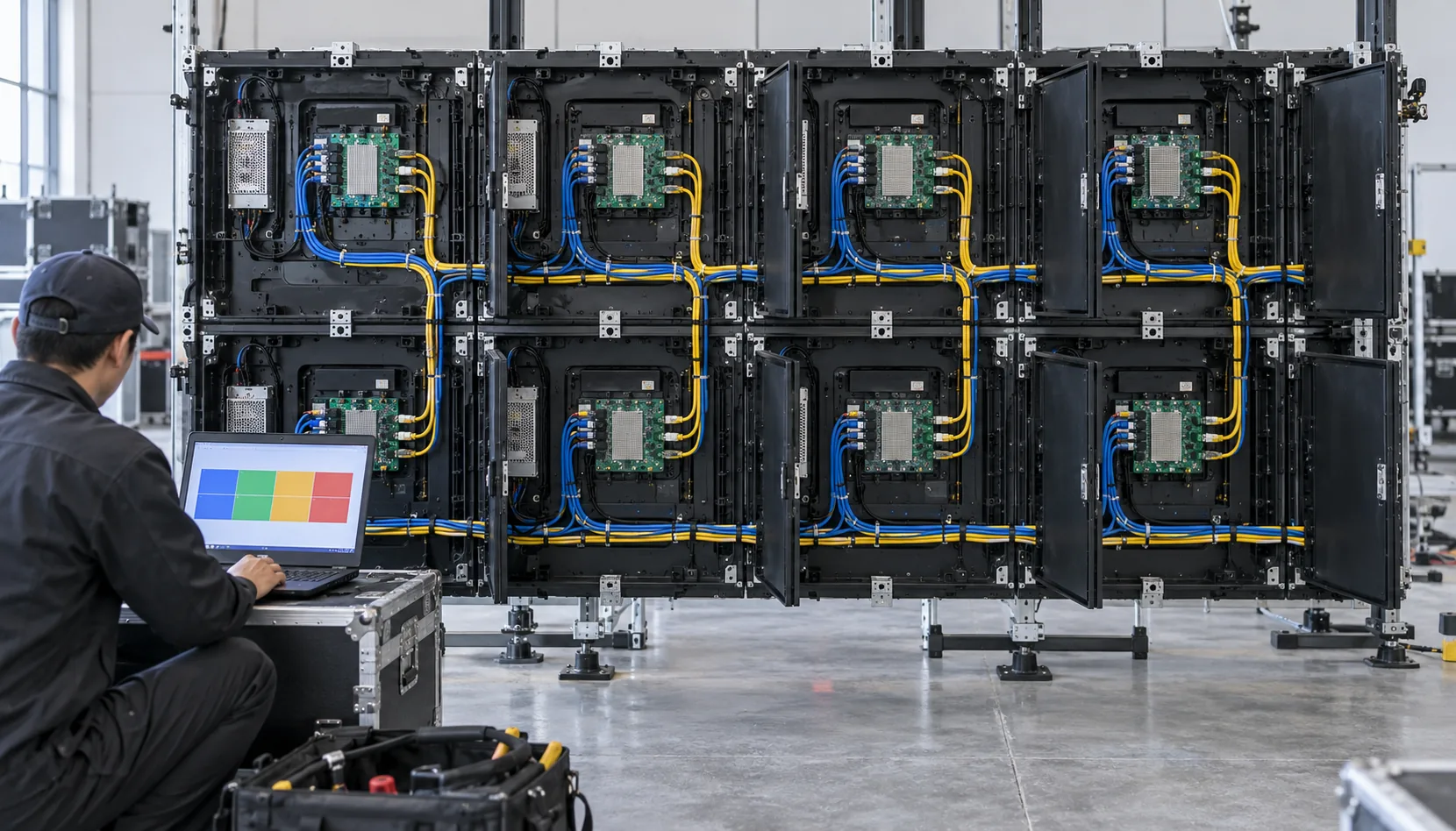Technician reviewing an LED display receiving-card loading map beside open cabinet electronics