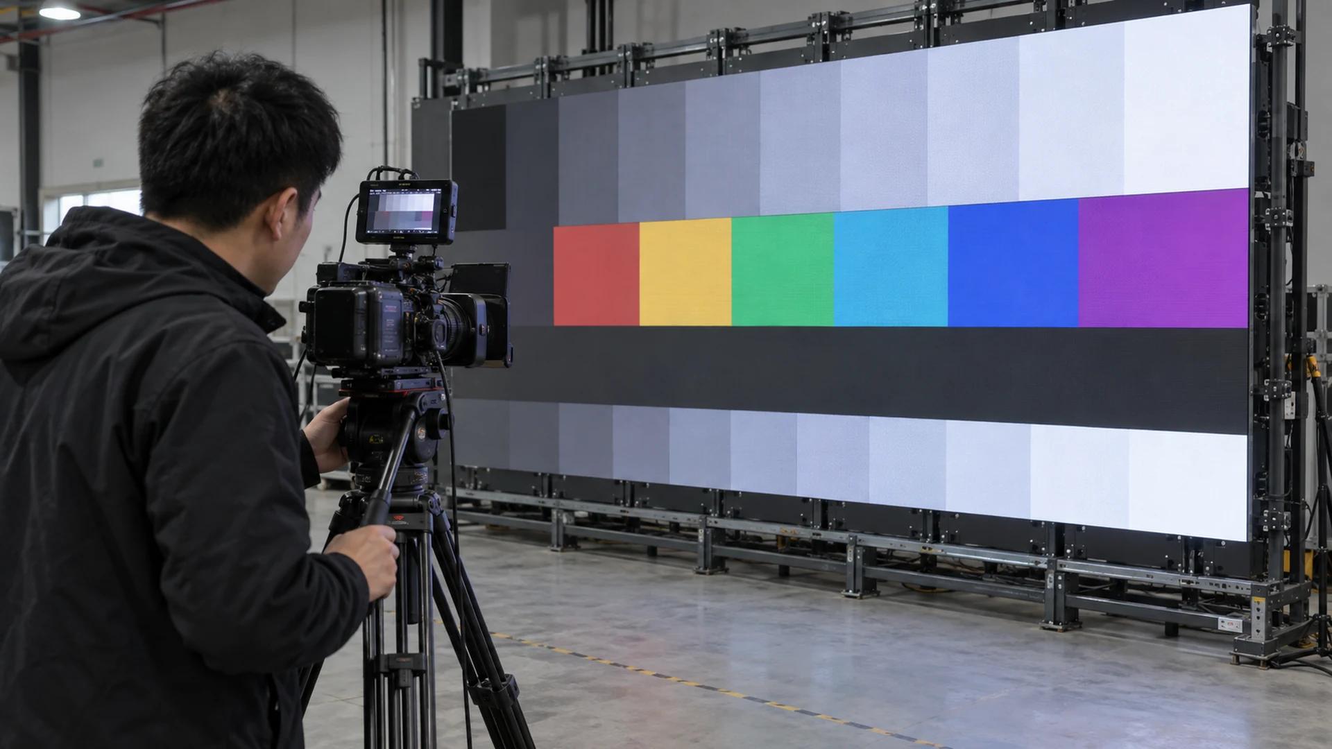 Video camera testing grayscale and color patches on a modular LED wall